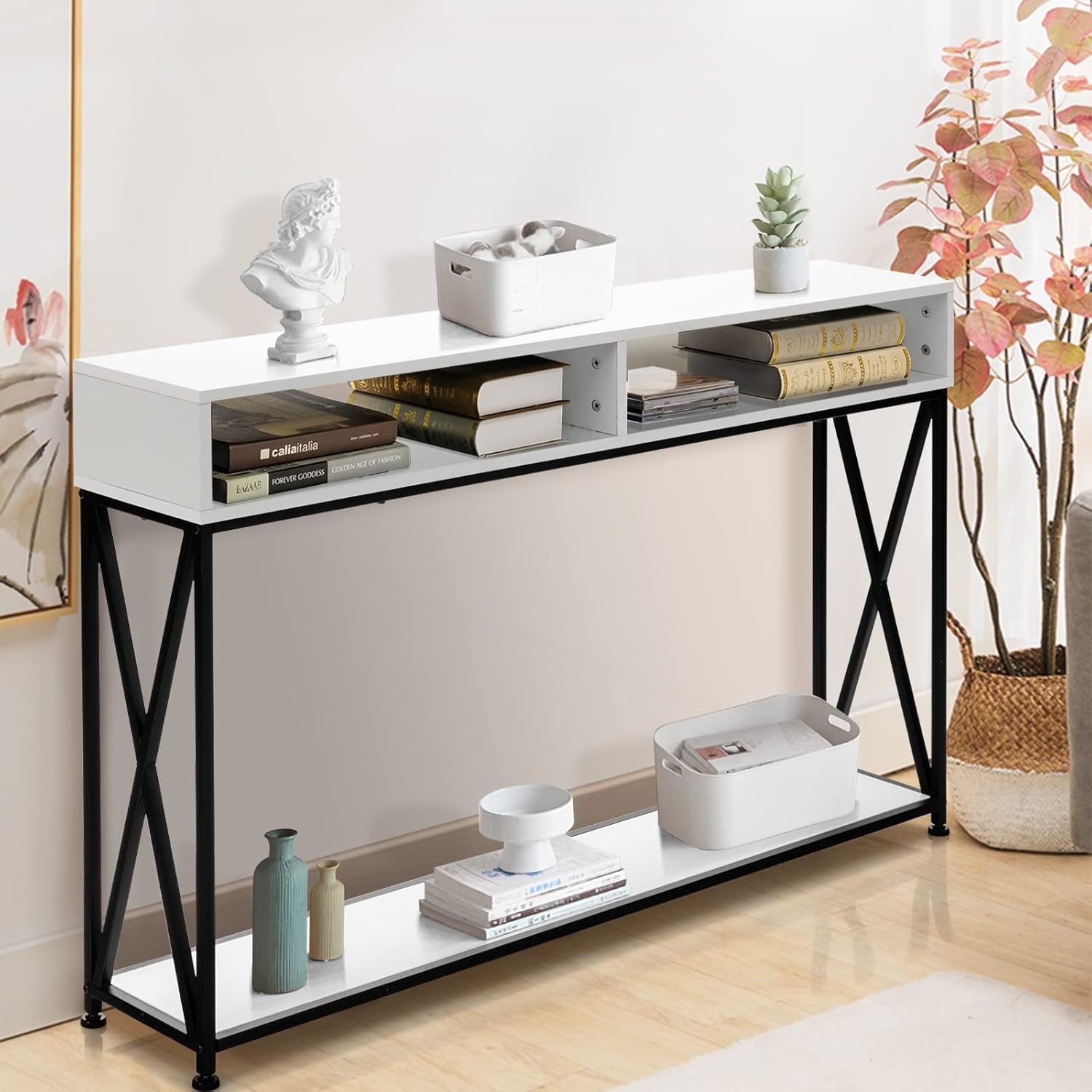 Console Table With 2 Levels, Hall Table With Non-slip Adjustable Coasters
