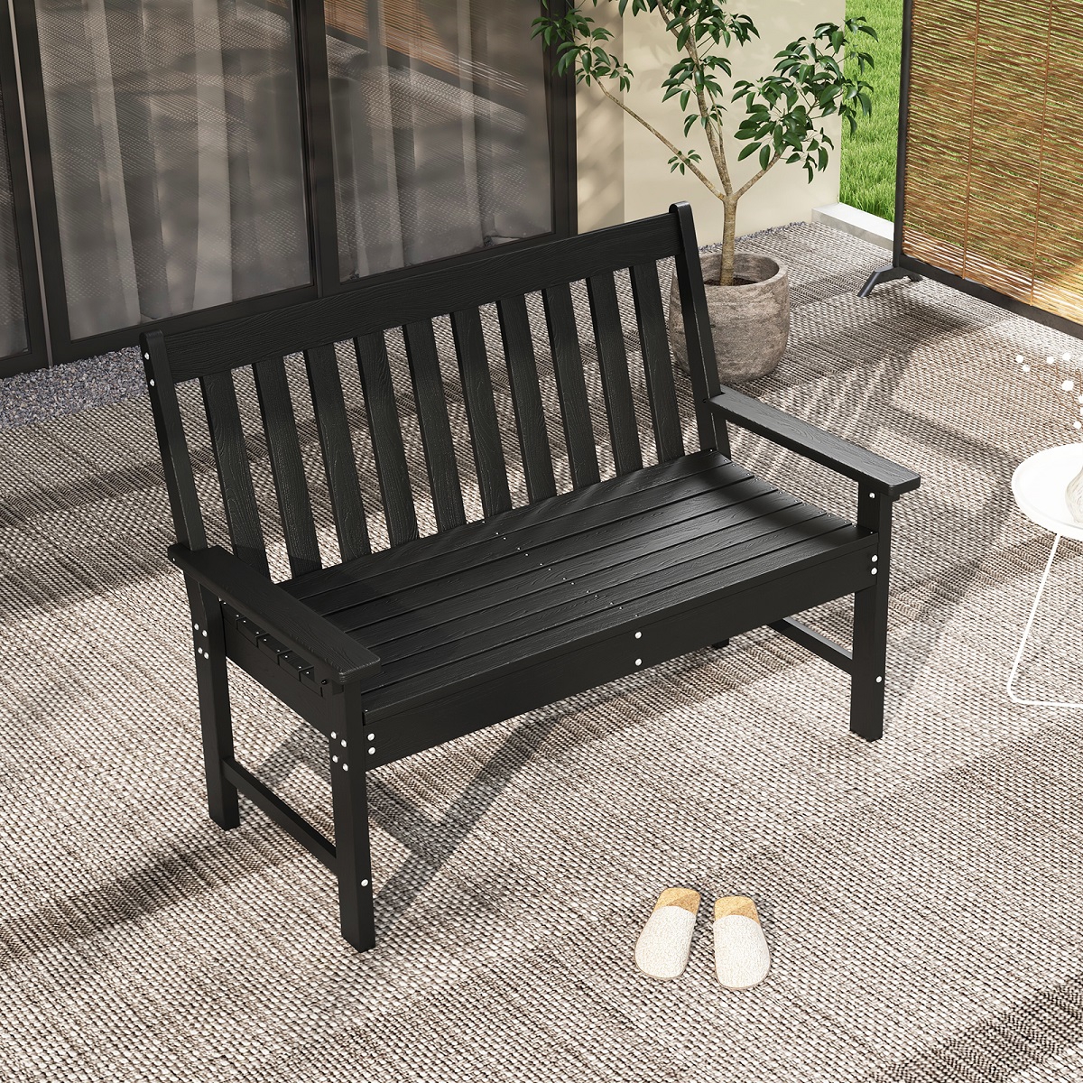Image of Outdoor Bench, All Weather Hdpe Garden Bench With Backrest , 2 Person Patio Bench With Slatted Seat