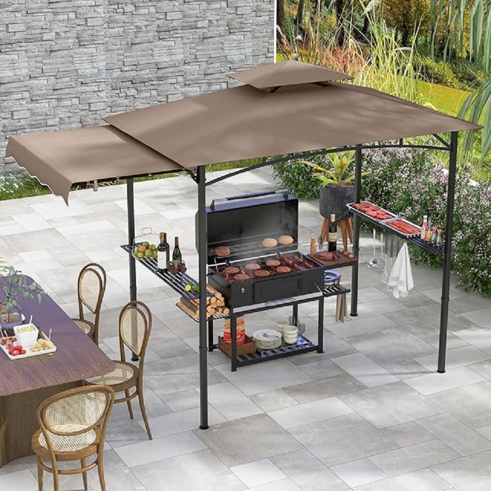 Image of 10.5 X 5 Ft Grill Gazebo Side Awning, Outdoor Barbecue Canopy Tent Double Tiered Top, Serving Tables