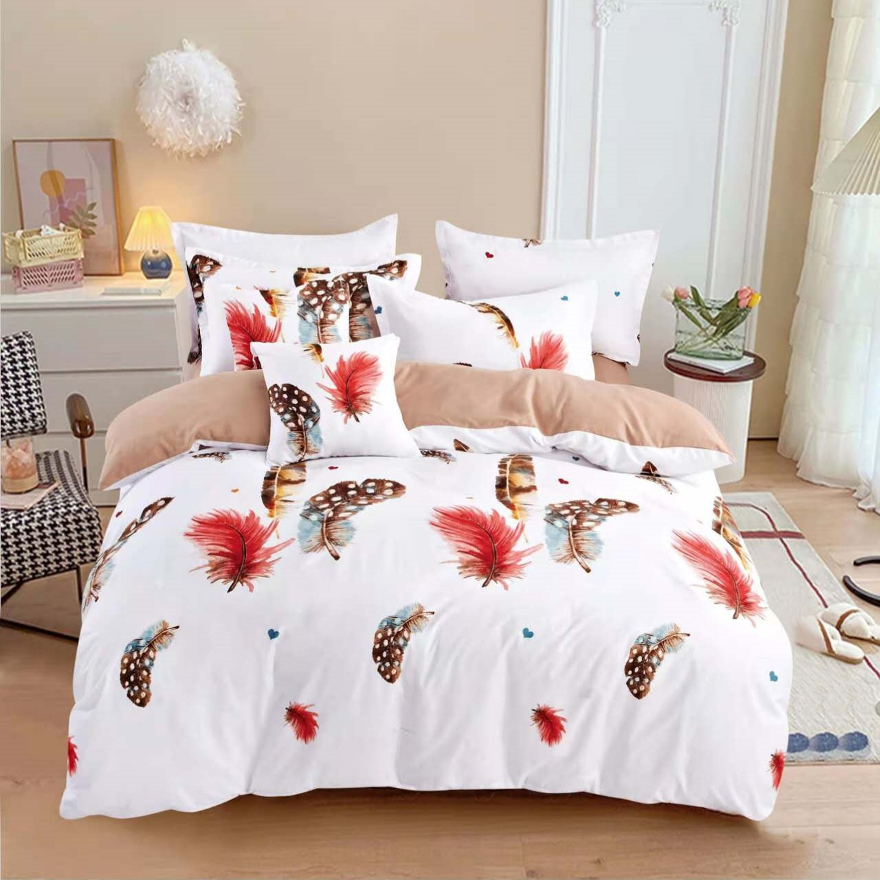 TEMU 3-piece Bedding Set With And Pattern (white And Coffee) - Feather Pattern Bedding, White Bedding, Coffee-colored Bedding, Cute Bedding Set