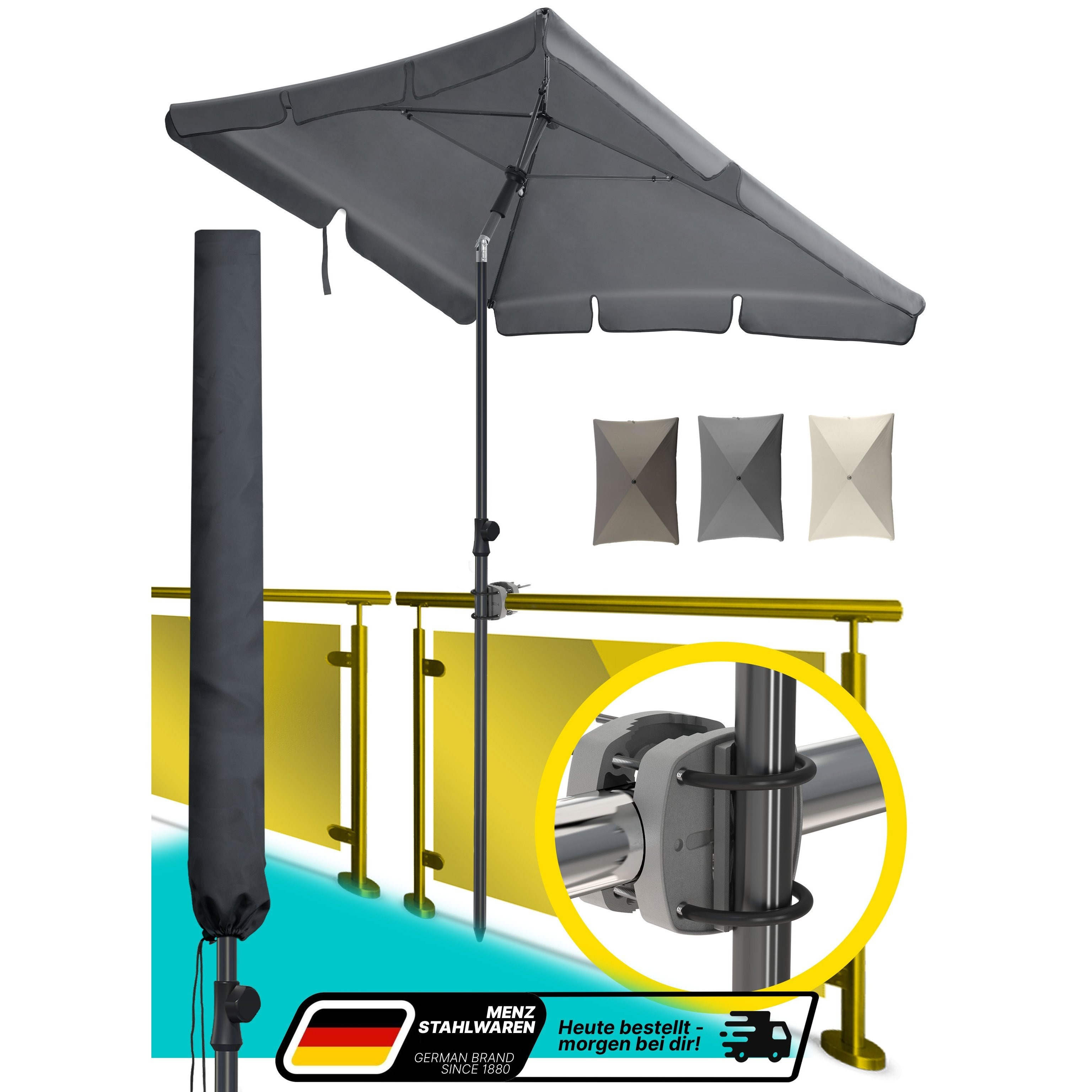 Image of Balcony Sunshade Complete Set 3pcs - Rectangular 200x125 Cm, Upf 50+ Including Sunshade Holder For Balcony Railing & Protective Cover - Colors: /beige/taupe