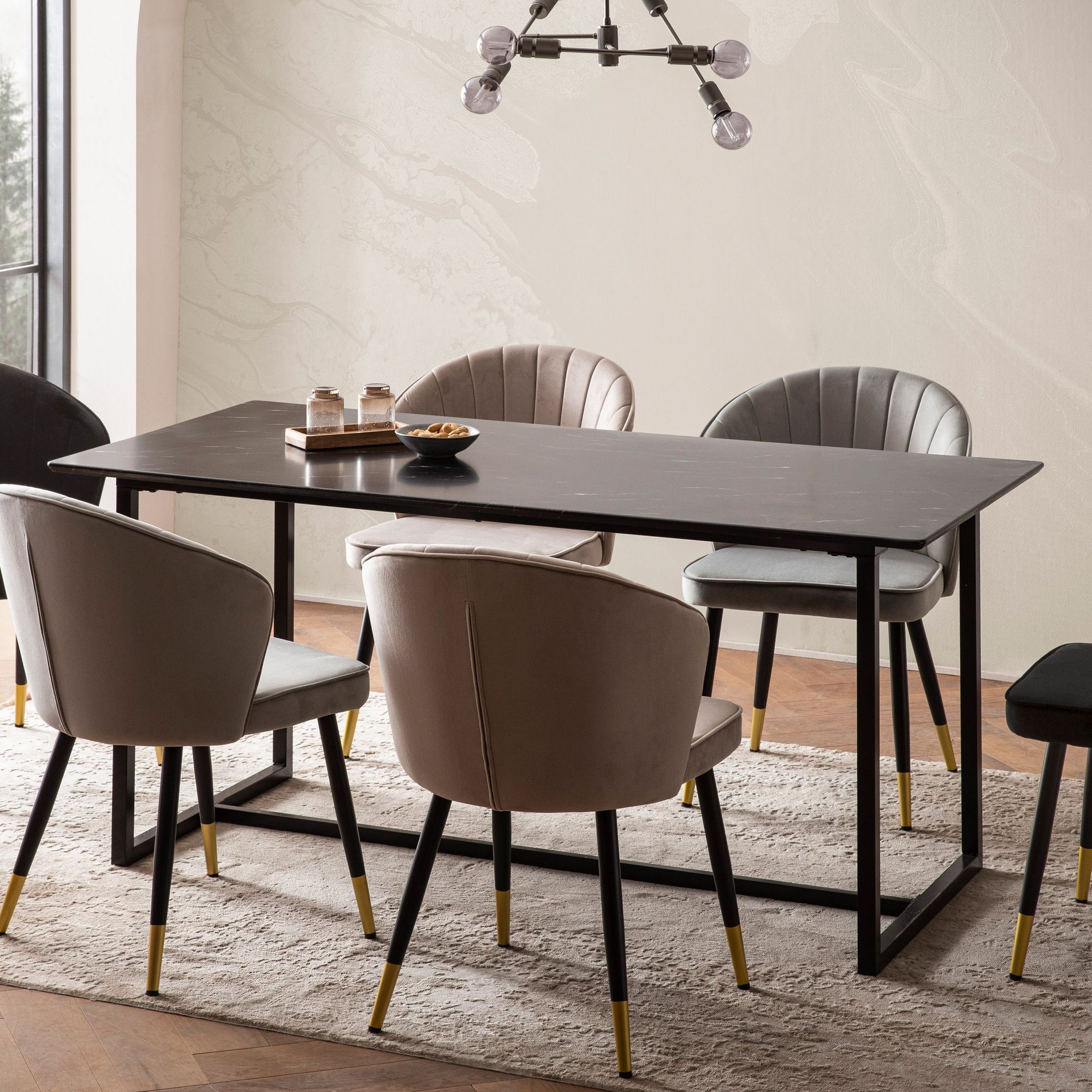 Dining Table 120x60x76 Cm, Kitchen Table In Black Marble-look, Modern, Small Dining Table, Rectangular Dining Table With Metal Legs