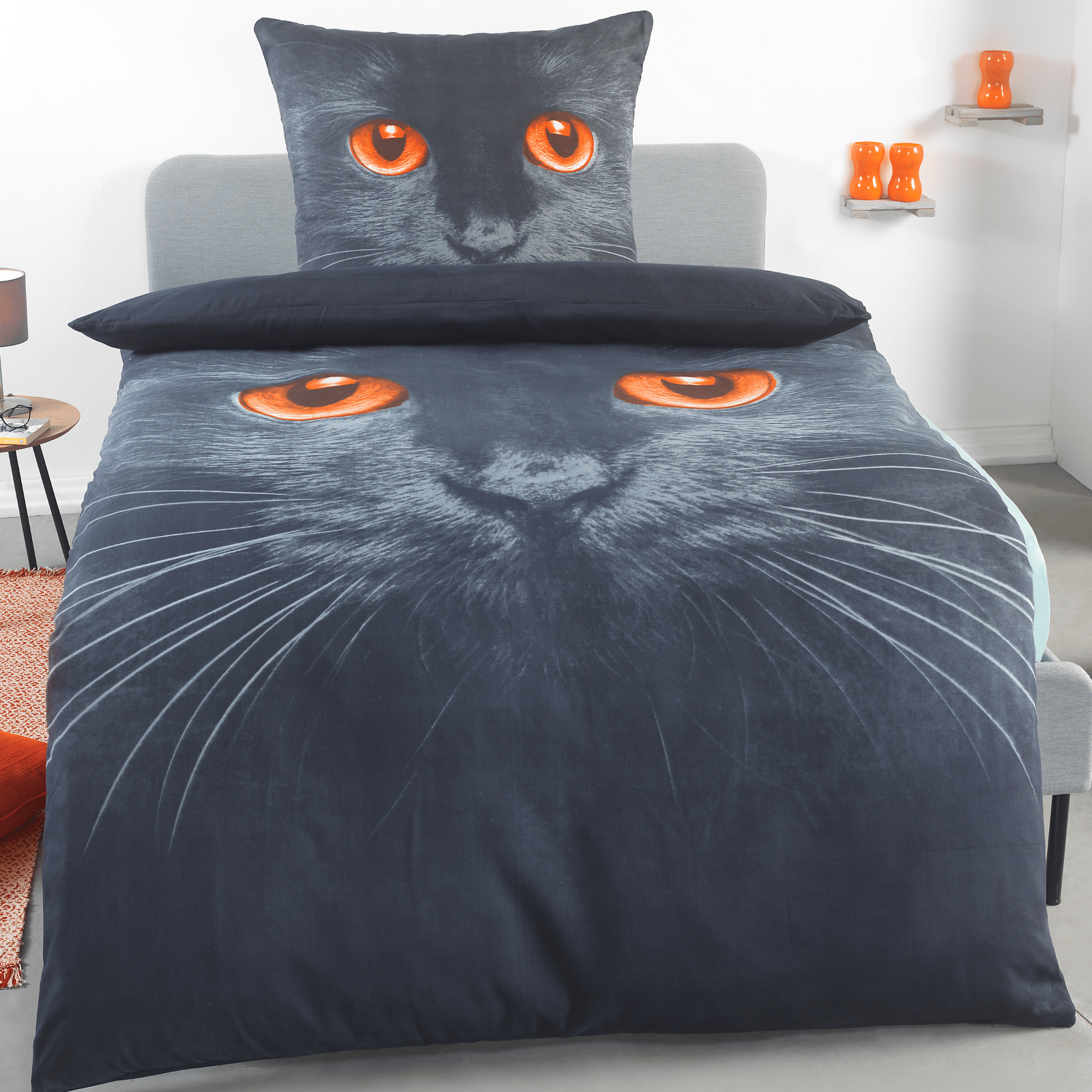 E-shop Mikrofaser Bettwäsche 135x200 2 teilig mit Tierdruck - Deckenbezug 135x200 + Kissenbezug 80x80 - Katzen Motiv Schwarz - Reißverschluss -
