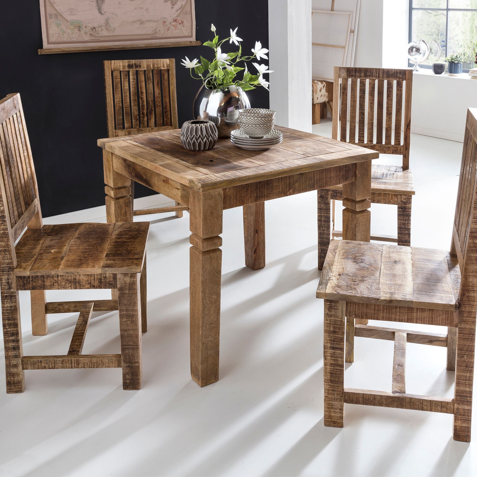 Dining Table Fb45593 Brown 80 X 80 X 76 Cm Mango Solid Wood, Country House Style Solid Wood Dining Table, Square Table For Dining Room, Kitchen Table For , Rustic Small Wooden Table