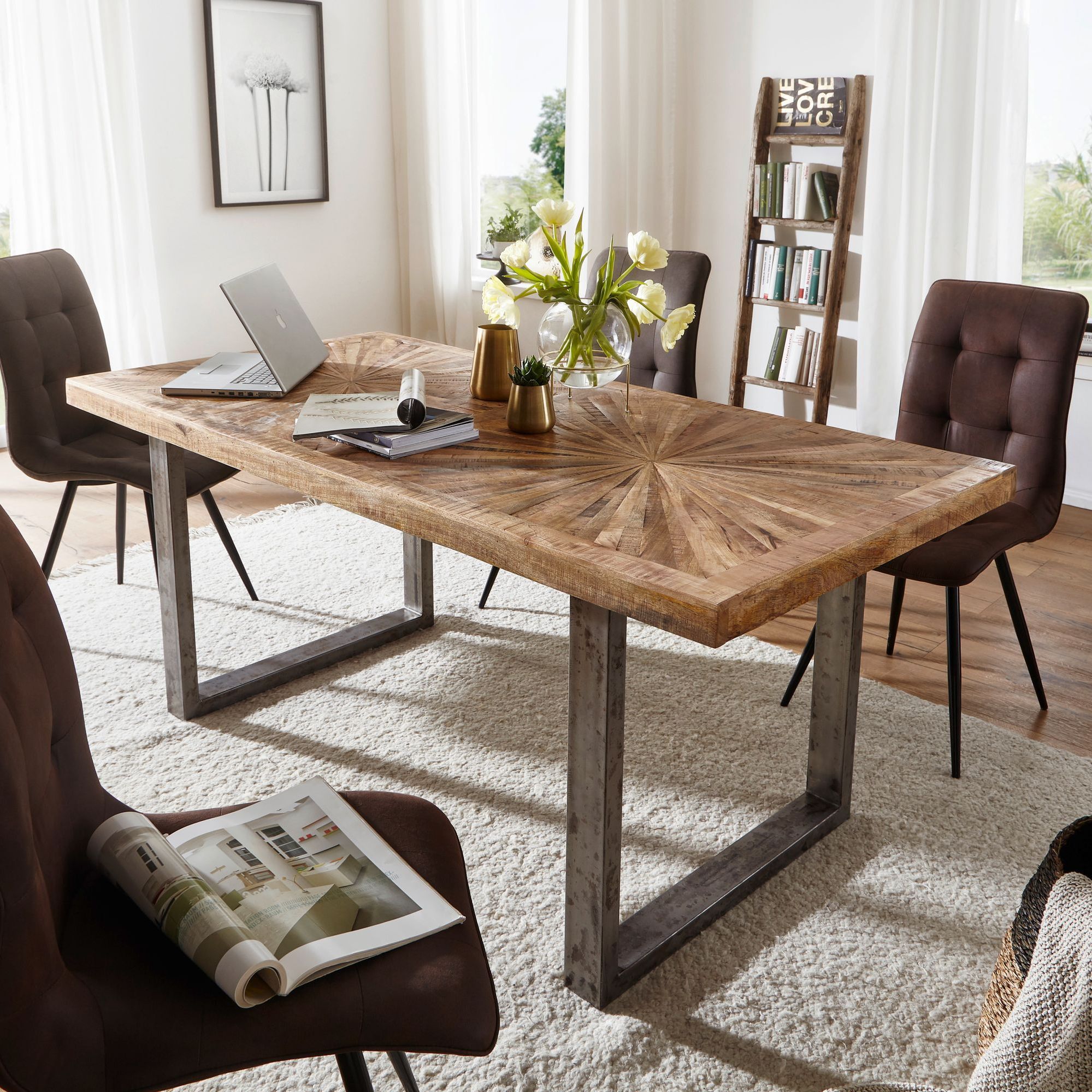 Mango Solid Wood Dining Table 200 X 100 Cm, Kitchen Table, Loft Natural Dining Room Table, Solid Wood Table With Metal Frame, Industrial Table