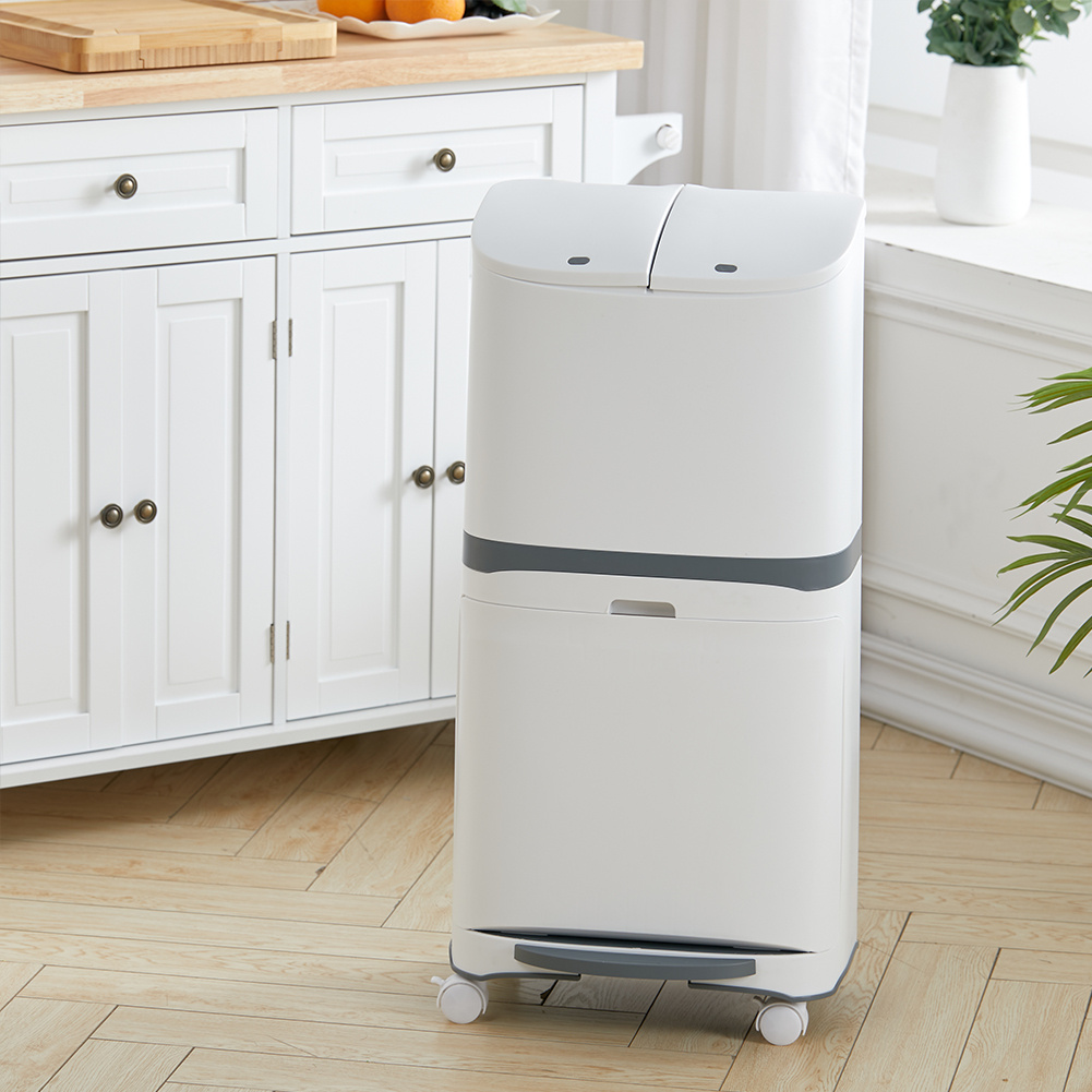 TEMU Kitchen Compost Bin On Wheels, Double Bin Wet/dry Bin With Foot Pedal, Foot Pedal Bin, 3 Compartment Bin, 2 Tier Vertical Waste System, White