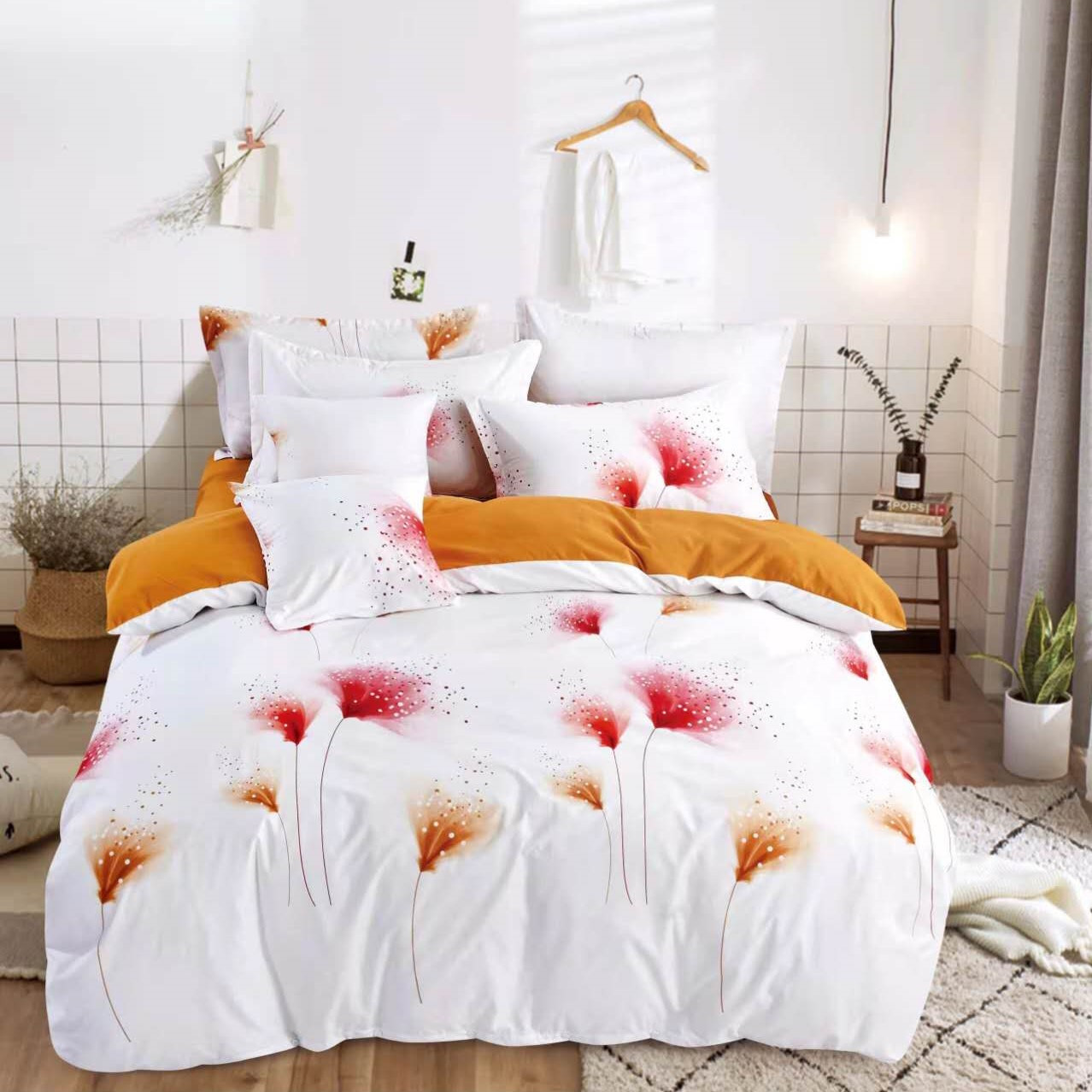 TEMU Pink And Brown Hotel Flower Pattern 3pcss Bedding Set (white And Mustard Yellow) - Floral Bedding, 3pcss Bedding Set, Spring Bedding, Summer
