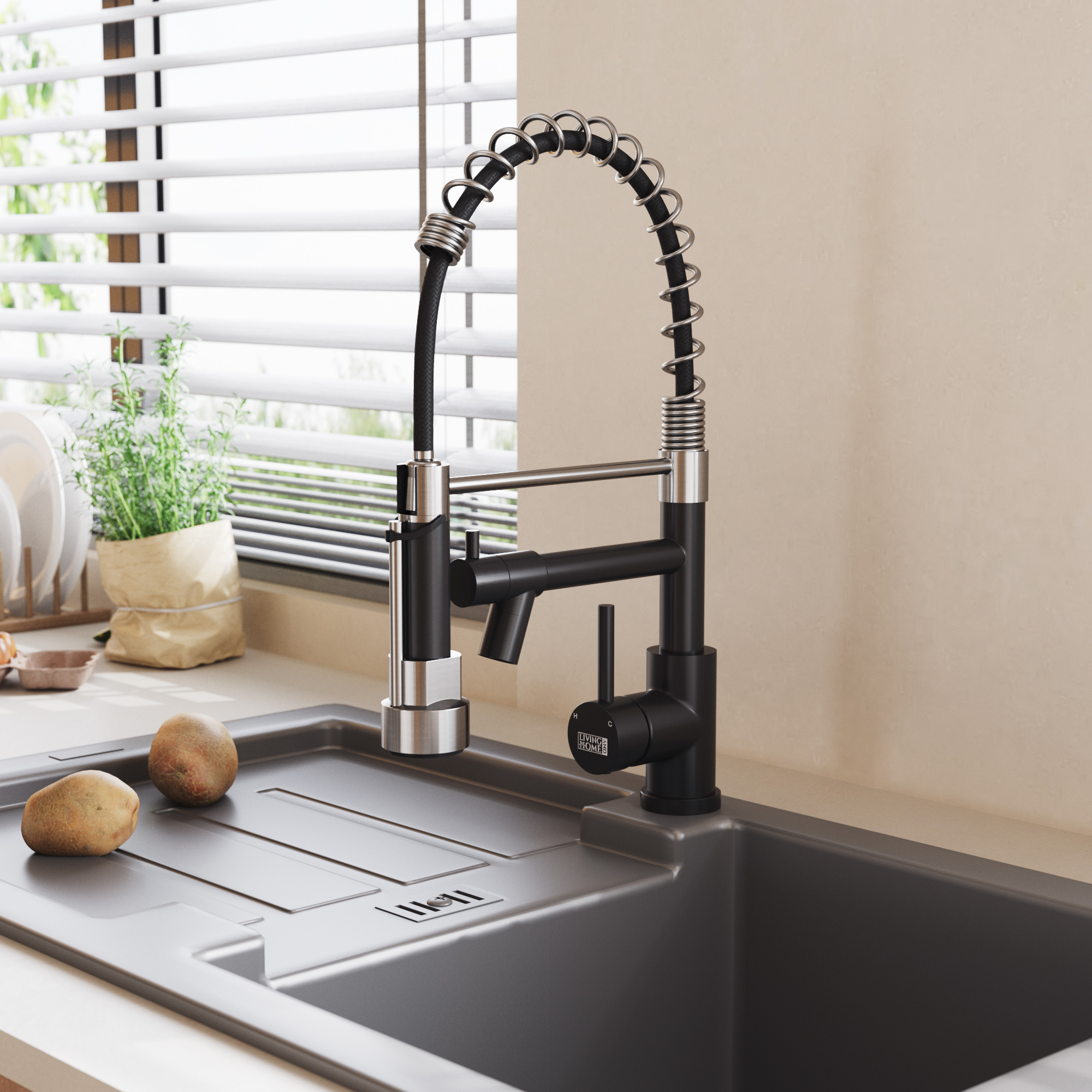 1pc professional black commercial kitchen faucet with pull down sprayer high   swivel stainless steel dual spout 1 hole spring mixer   for restaurant bar home heavy duty anti leak water tap for sink details 1