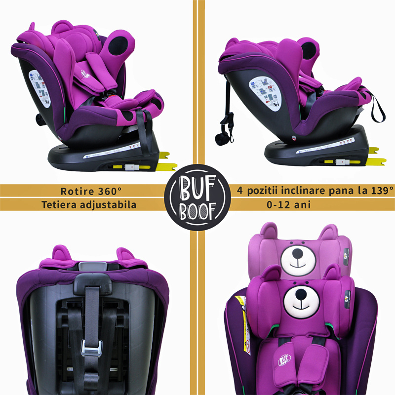 TWT Plus iSize Buf Boof UrsPurple Dječja sjedalica s ISOFIX-om, 360° rotirajuća, gornji pričvrsni remen, 0-36 kg, 40-150 cm