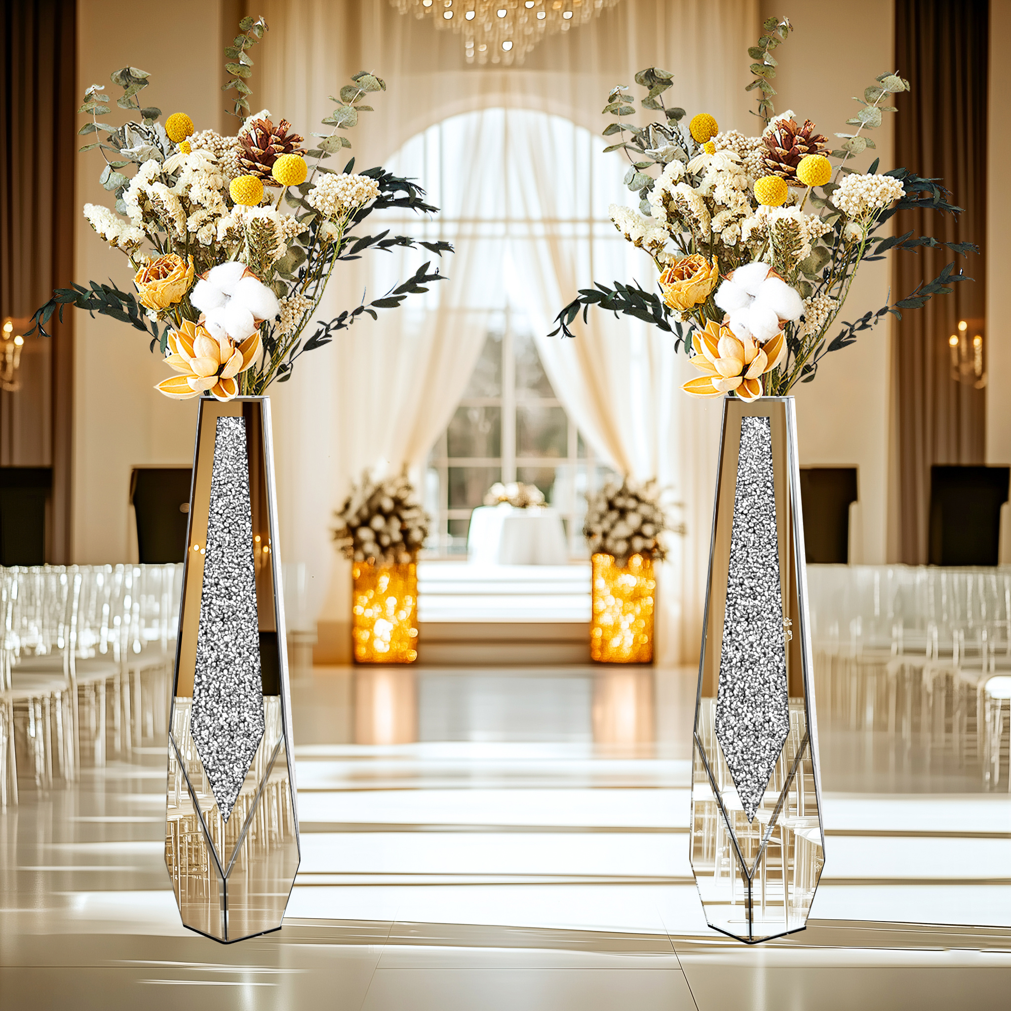 Image of Mirrored Decorative Vase, 85.5cm Crystal Crushed Diamond Dried Flower Vase, Luxury Flower Pot For Bedroom, Living Room, Wedding