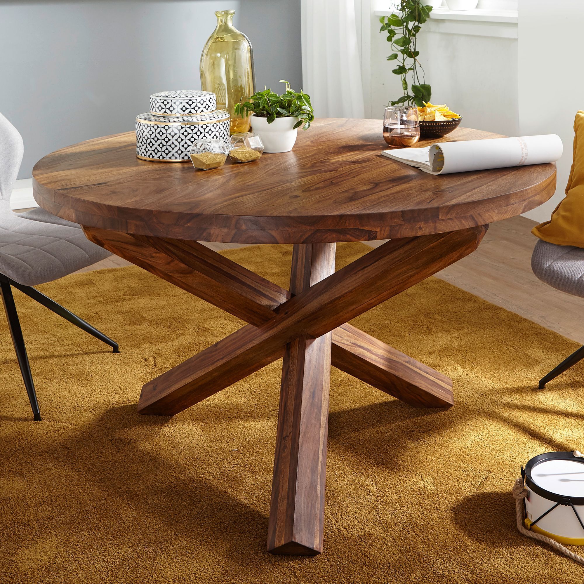 Dining Table Round Ø 120 Cm X 75 Cm Solid Wood, Country House Dining Table For , Kitchen Table Table For Dining Room Brown