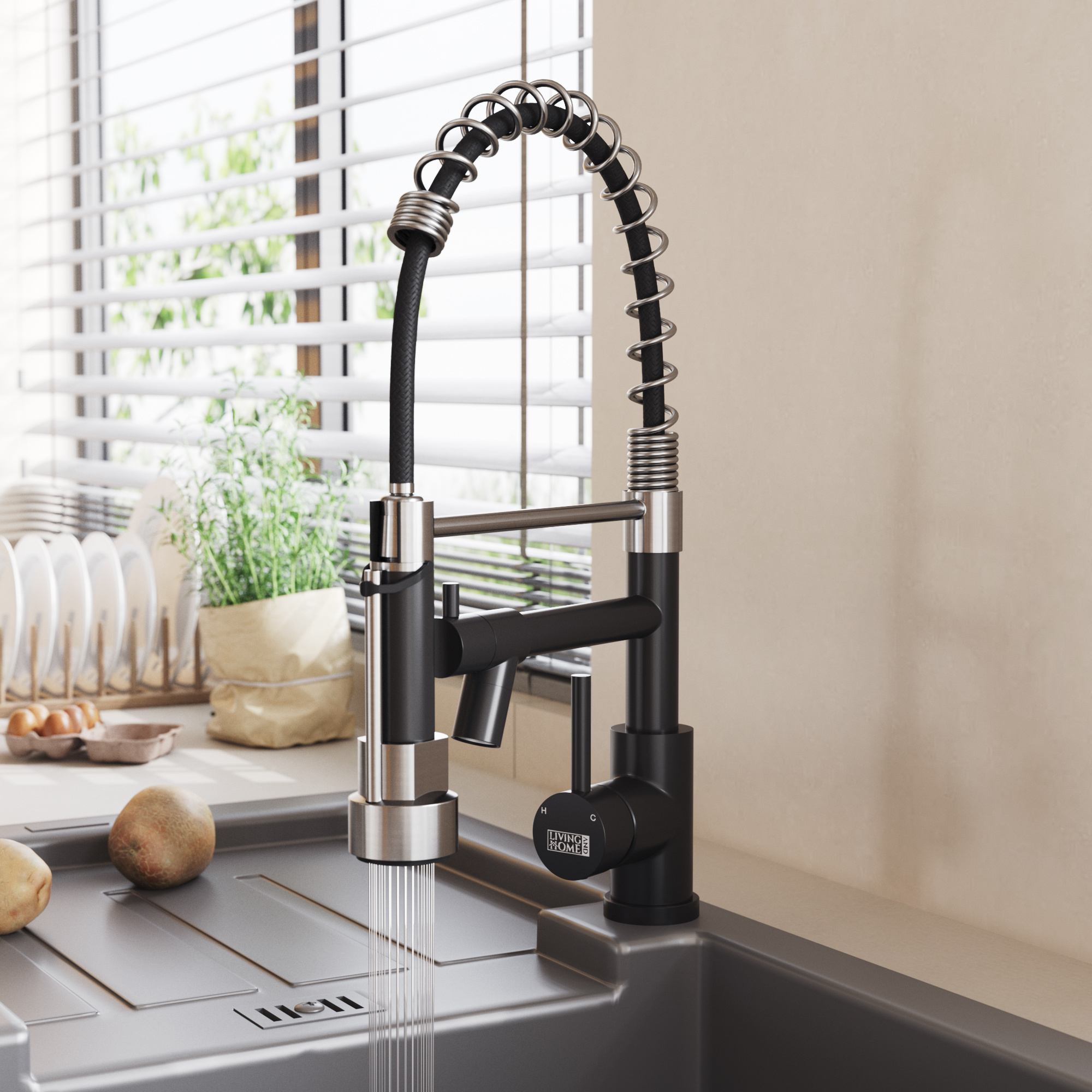 1pc professional black commercial kitchen faucet with pull down sprayer high   swivel stainless steel dual spout 1 hole spring mixer   for restaurant bar home heavy duty anti leak water tap for sink details 3