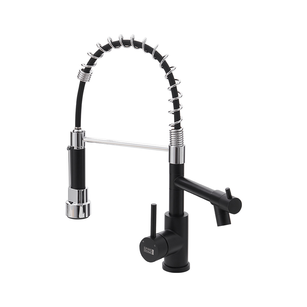 1pc professional black commercial kitchen faucet with pull down sprayer high   swivel stainless steel dual spout 1 hole spring mixer   for restaurant bar home heavy duty anti leak water tap for sink details 0