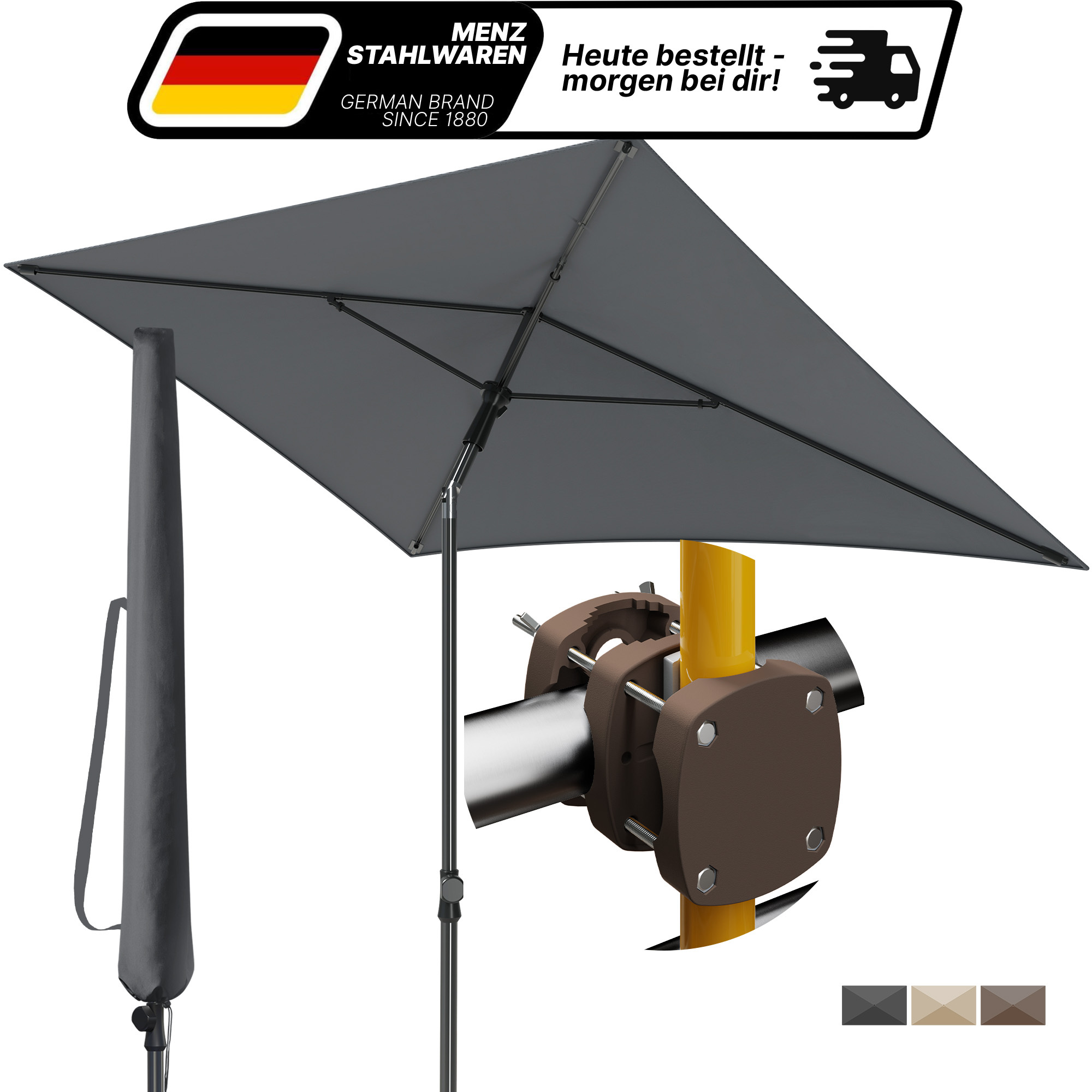 TEMU Lindenstein Balcony Parasol Set 3-in-1 - Rectangular Upf 50+ Sun Protection 200x125 Cm With Space-saving Parasol Holder For Balcony Railings &