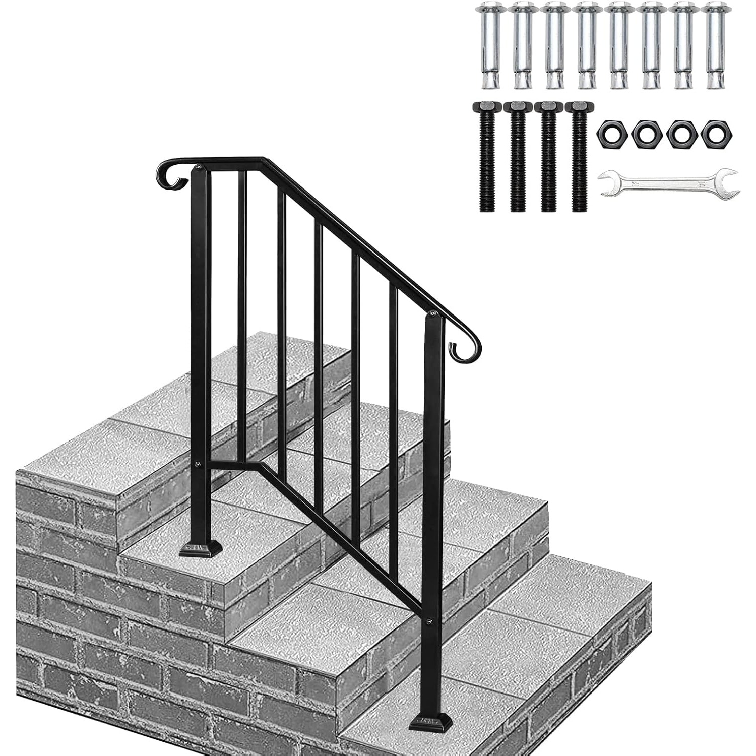 Image of Bonnlo Outdoor Stair Railing For 2 Steps, Matte Black Handrail For Porch, Exterior Stair Railing, Metal, 132x76cm (hxw)