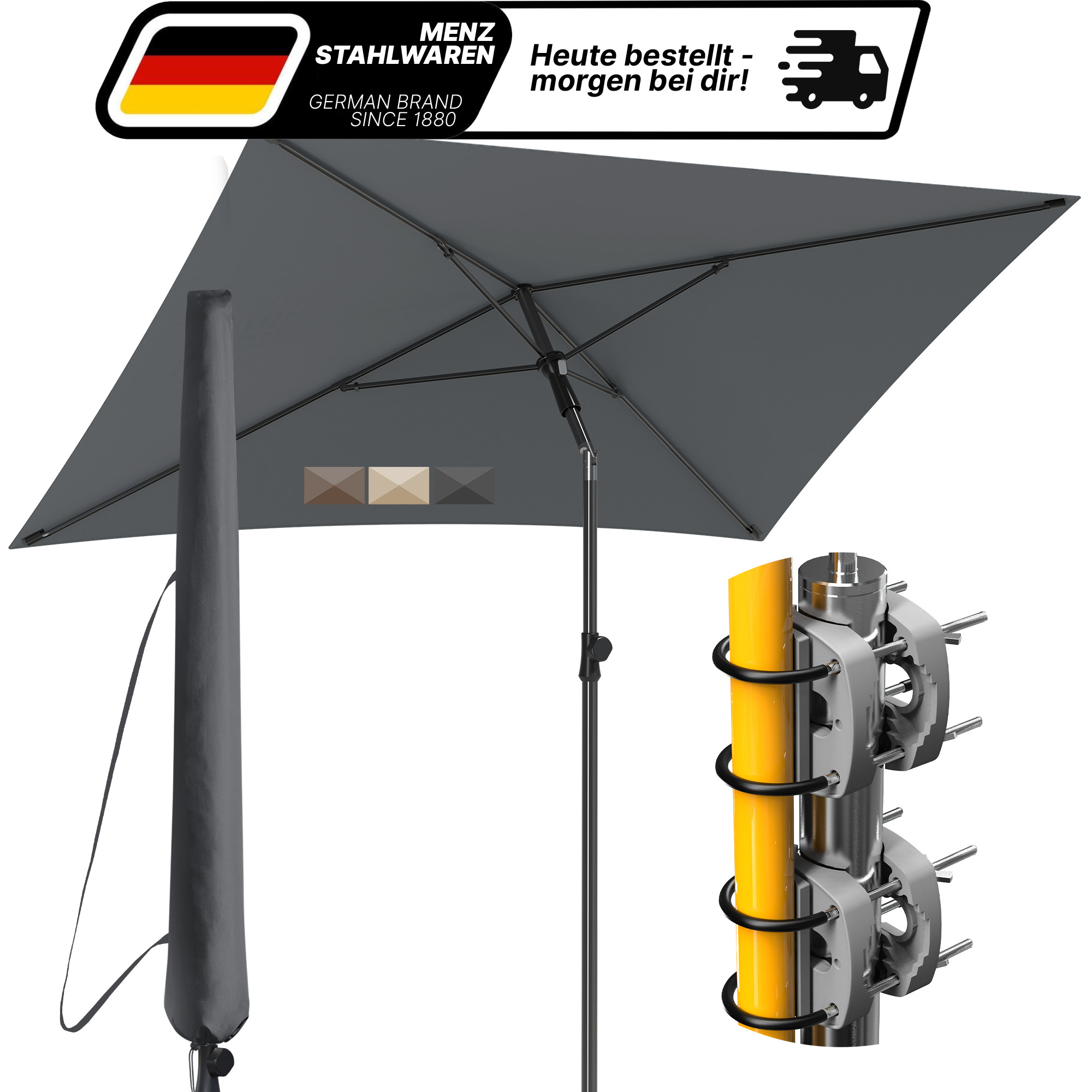 TEMU Premium Balkon-Sonnenschirm-Set 4-in-1 - Rechteckiger UV50+ Sonnenschutz 200x125 cm inkl. 2x stabilen Sonnenschirmhalterungen für Balkongeländer