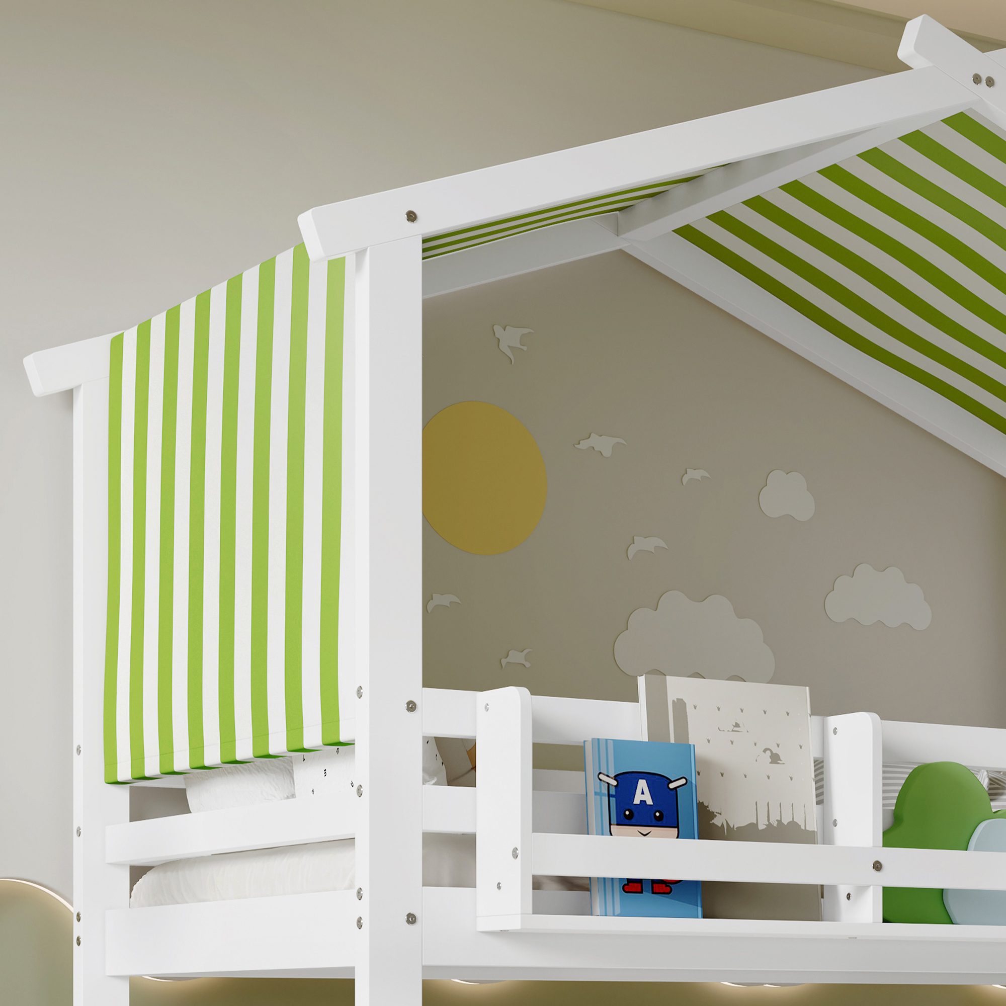 Kids & Teens Bunk Bed 3ft (90x190cm) | White & Green | Corner Stairs + Decorative Canopy + Mini Book Nook | Pine + MDF + Plywood