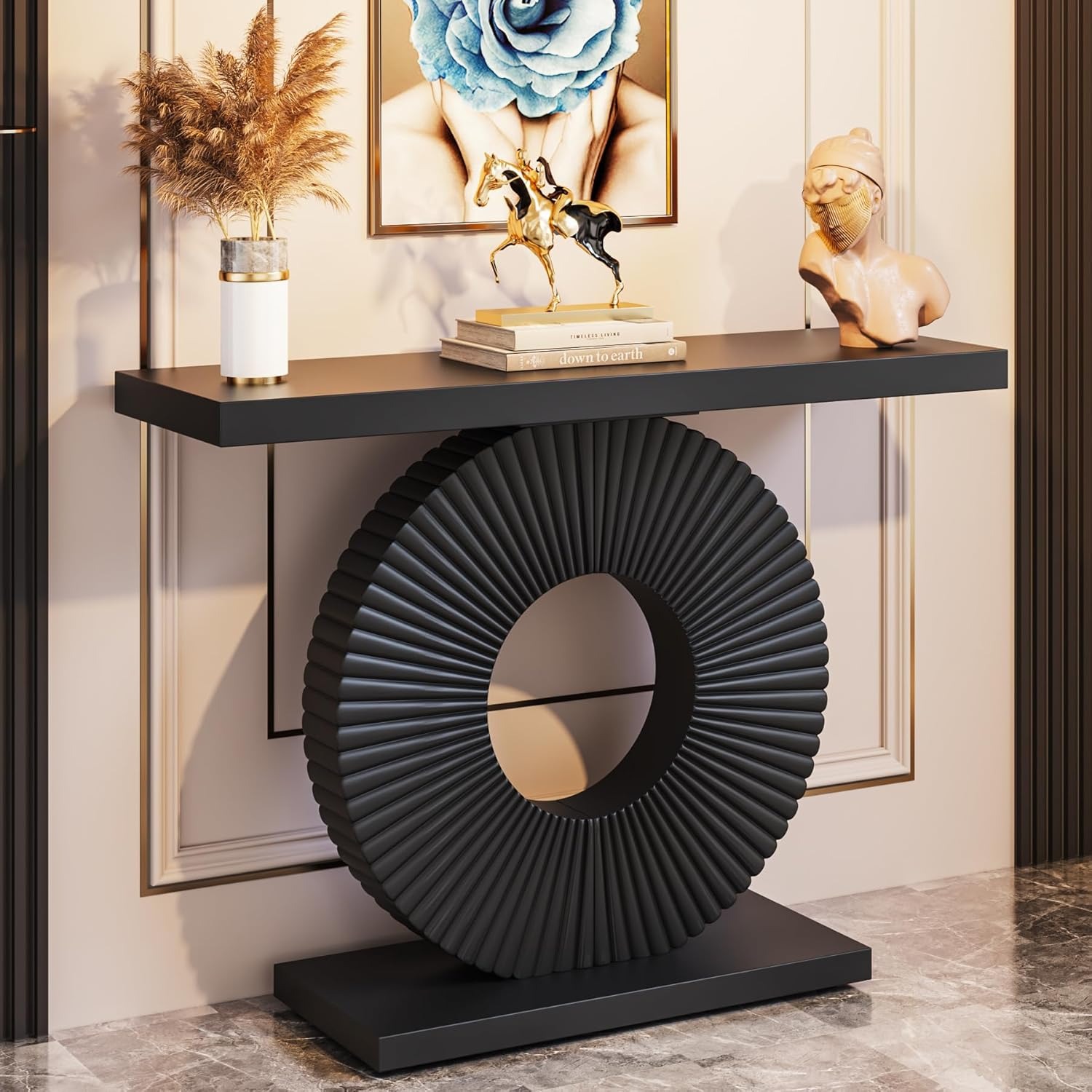 Contemporary Console Table With Geometric Base, 101.6 Cm, Wood, Entryway Table, Sofa Table, Slim, Long, Modern Accent Table For Living Room, Entryway, Hallway, Black