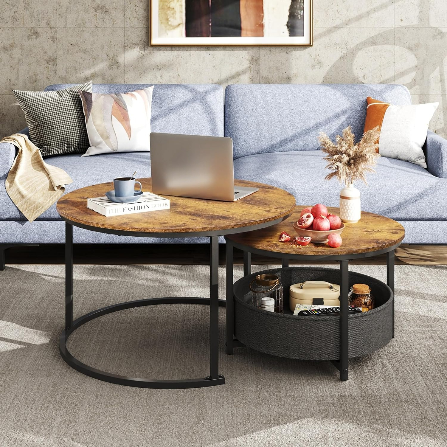 Image of Round Coffee Table, Set Of 2, 80cm Diameter Modern Living Room Table, Round, Side Table With Fabric Basket, Couch Table For Bedroom, Home Office