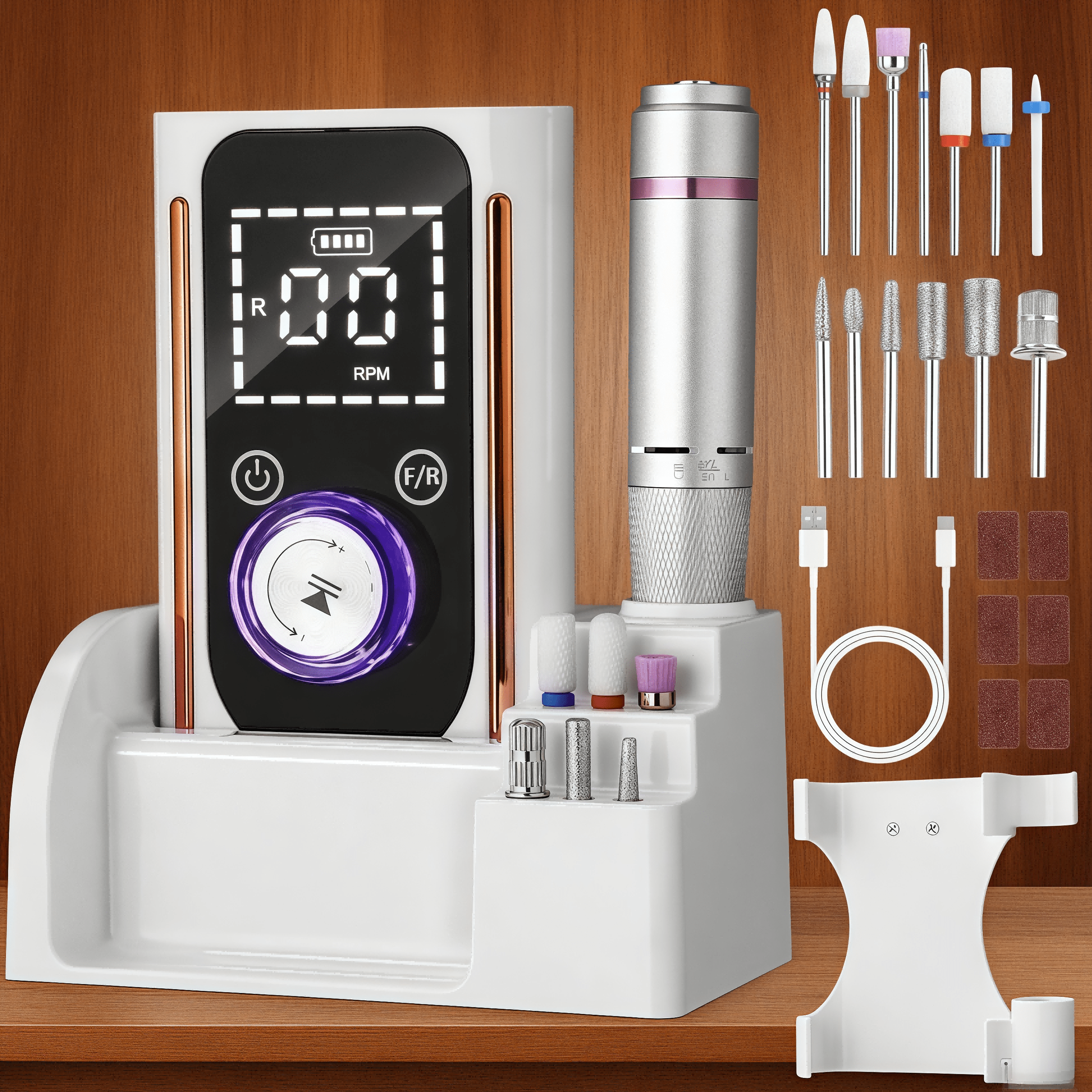 E-shop Nagelfräser 45000 U/min, 13-in-1 kabellose wiederaufladbare Nagelfeile, professionelle elektrische Nagelfeile, Gelnagelfräser mit Halter,