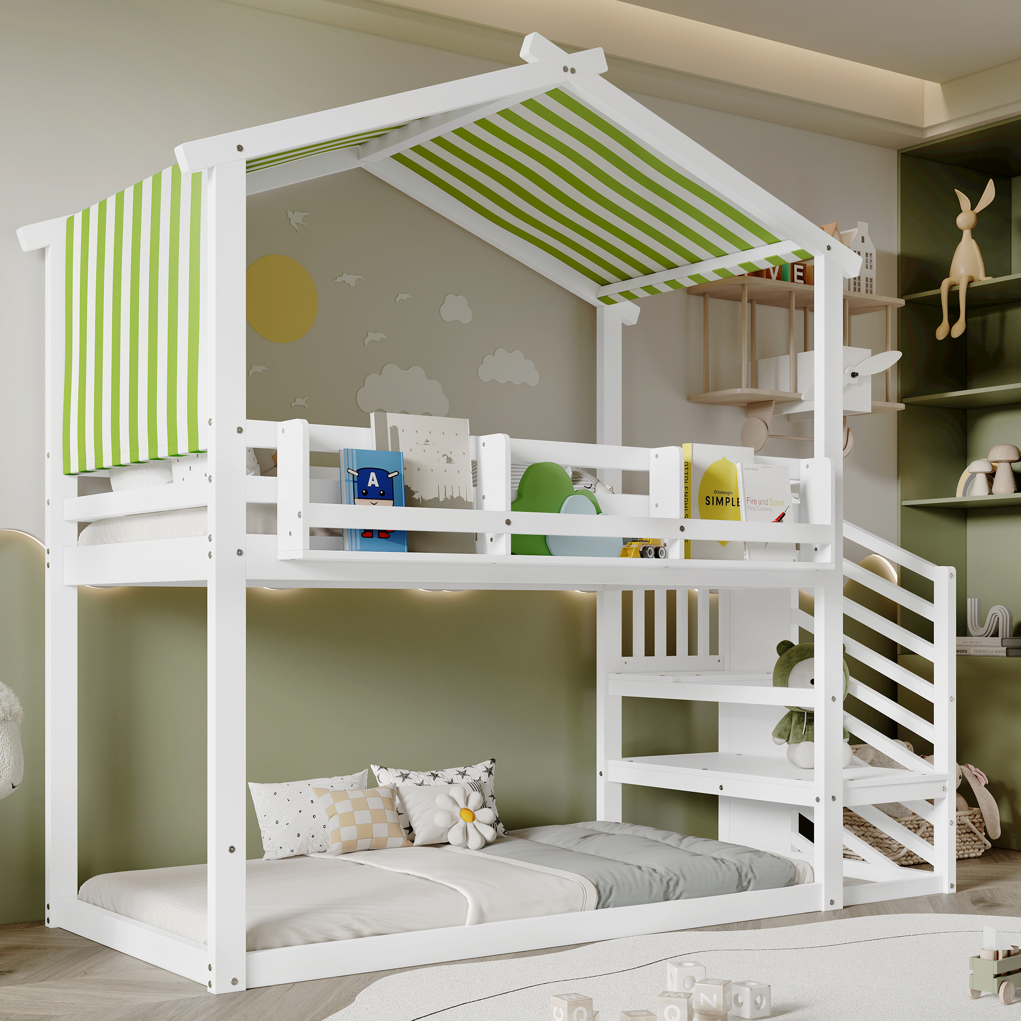 Kids & Teens Bunk Bed 3ft (90x190cm) | White & Green | Corner Stairs + Decorative Canopy + Mini Book Nook | Pine + MDF + Plywood