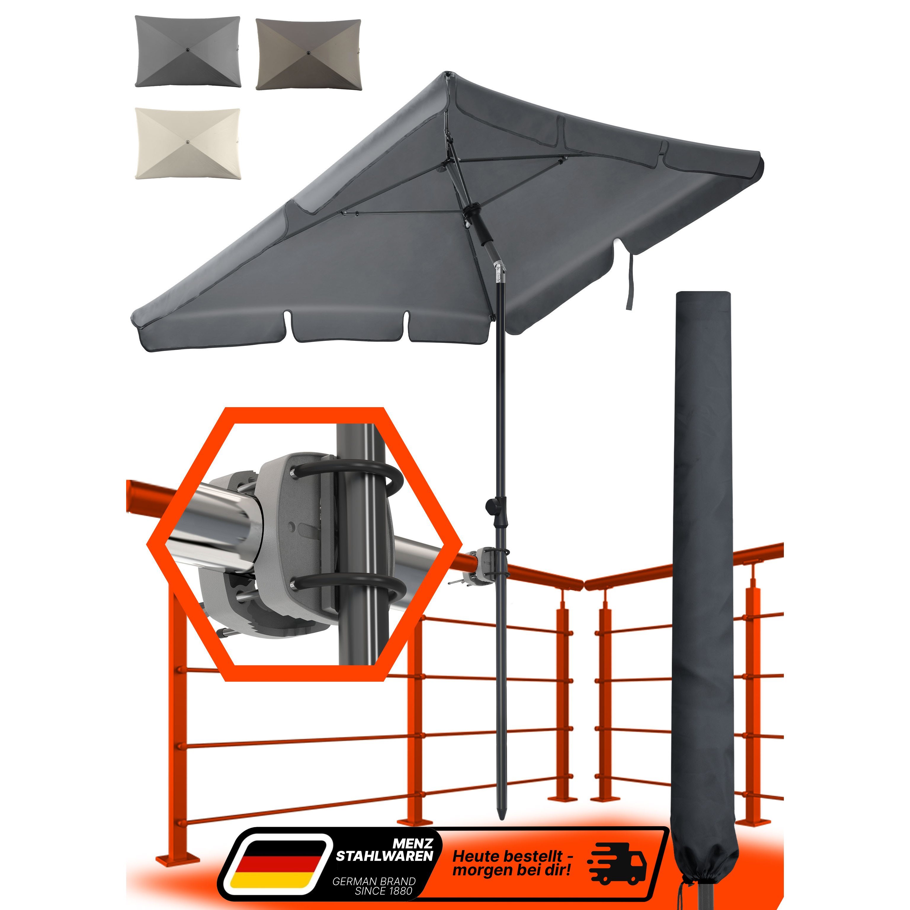 Image of Lindenstein 3-in-1 Premium Balcony Umbrella Set - Rectangular Sunshade 200 X 125 Cm - Includes Railing Mount & Protective Cover - Windproof & Stable In /taupe/beige - Ideal For Balcony & Terrace