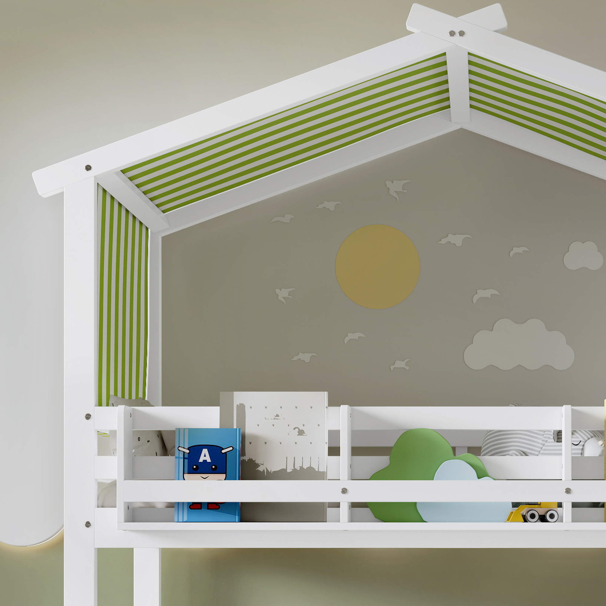 Kids & Teens Bunk Bed 3ft (90x190cm) | White & Green | Corner Stairs + Decorative Canopy + Mini Book Nook | Pine + MDF + Plywood