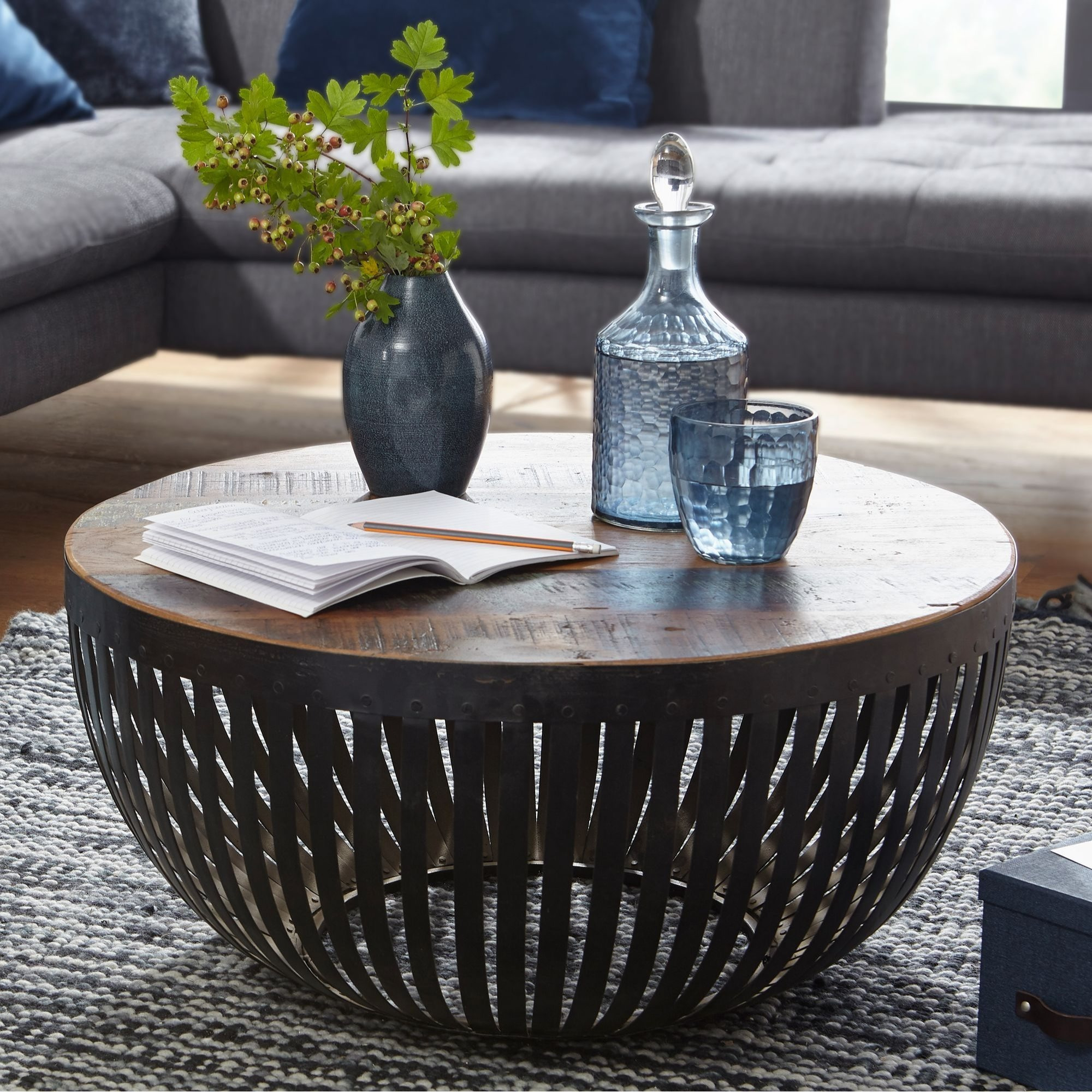 Industrial Coffee Table 70x33x70 Cm, Wood/metal Living Room Table, Club Table, Sofa Table With Metal Frame, Solid Lounge Table, Round Design Accent Table
