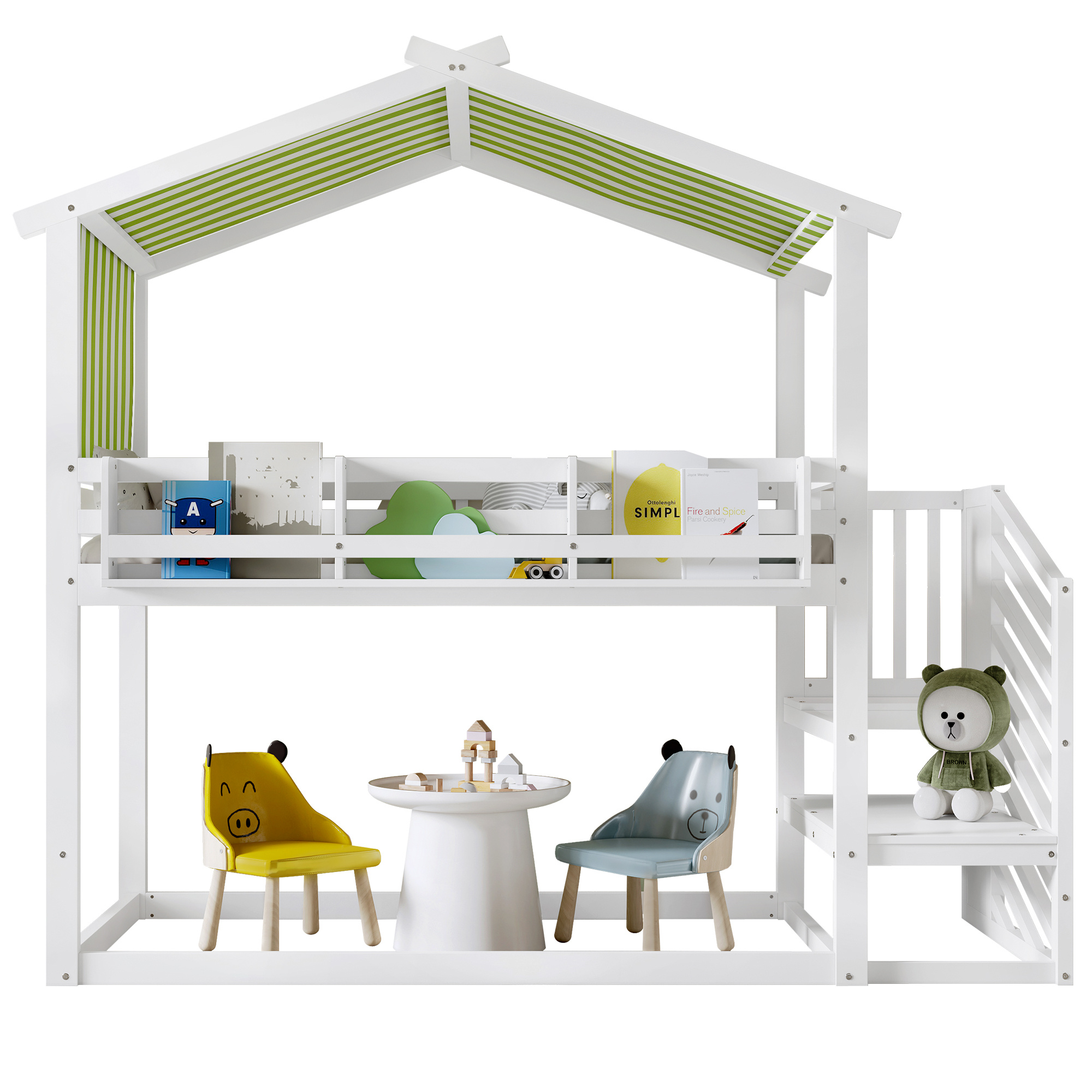 Kids & Teens Bunk Bed 3ft (90x190cm) | White & Green | Corner Stairs + Decorative Canopy + Mini Book Nook | Pine + MDF + Plywood