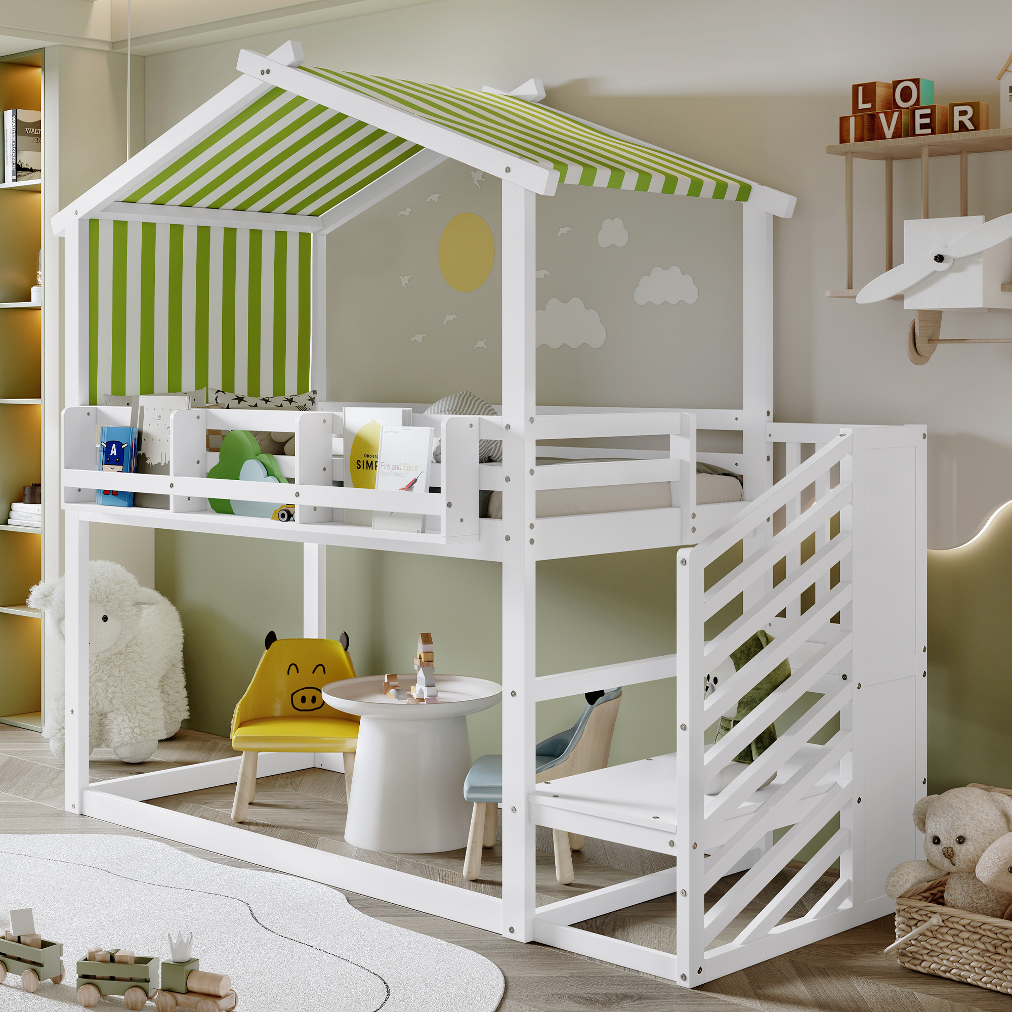Kids & Teens Bunk Bed 3ft (90x190cm) | White & Green | Corner Stairs + Decorative Canopy + Mini Book Nook | Pine + MDF + Plywood