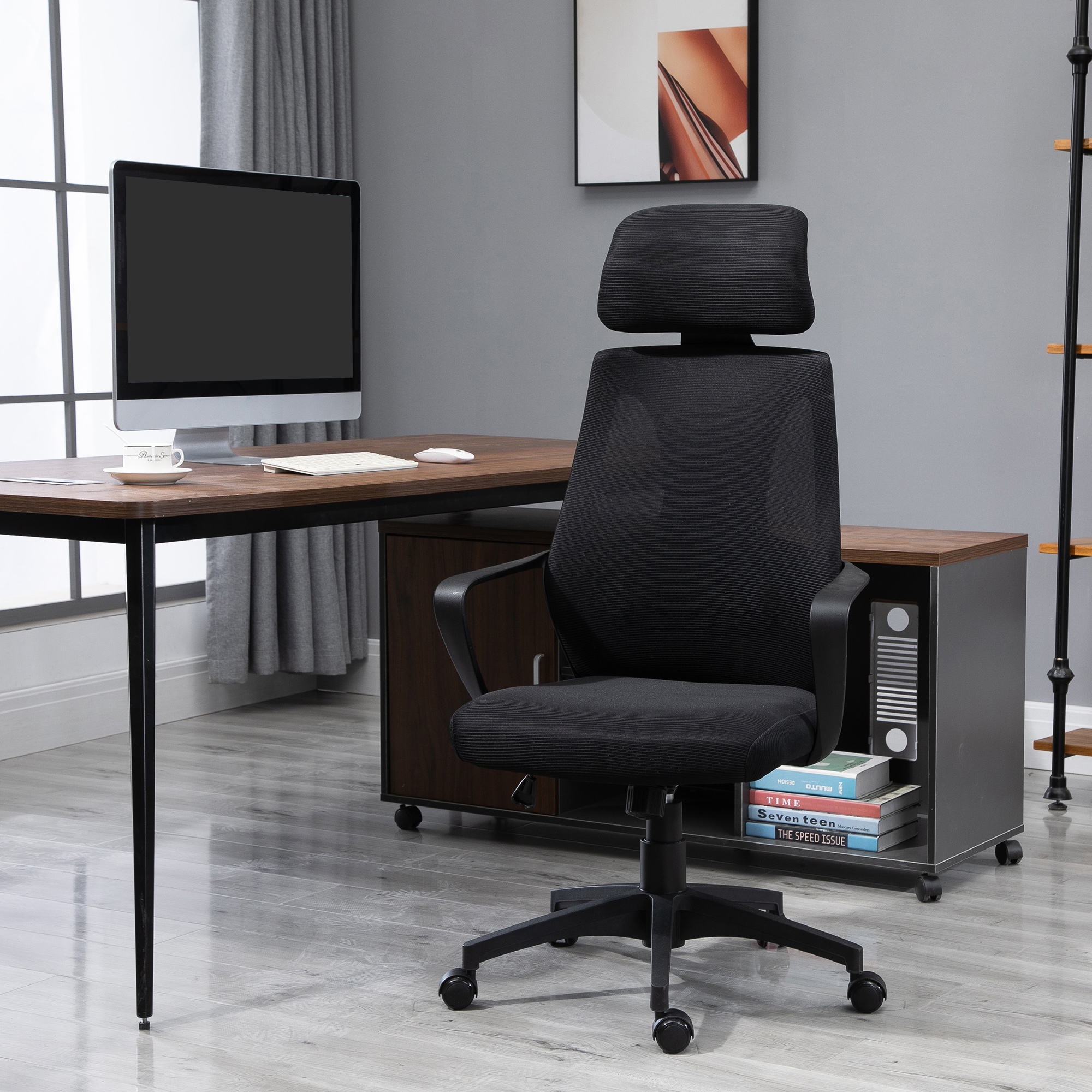 Image of Office Chair, Height-adjustable Desk Chair With Tilt Function Swivel Chair With Armrest, Headrest, Lumbar Chair With Mesh Fabric Optics, Black