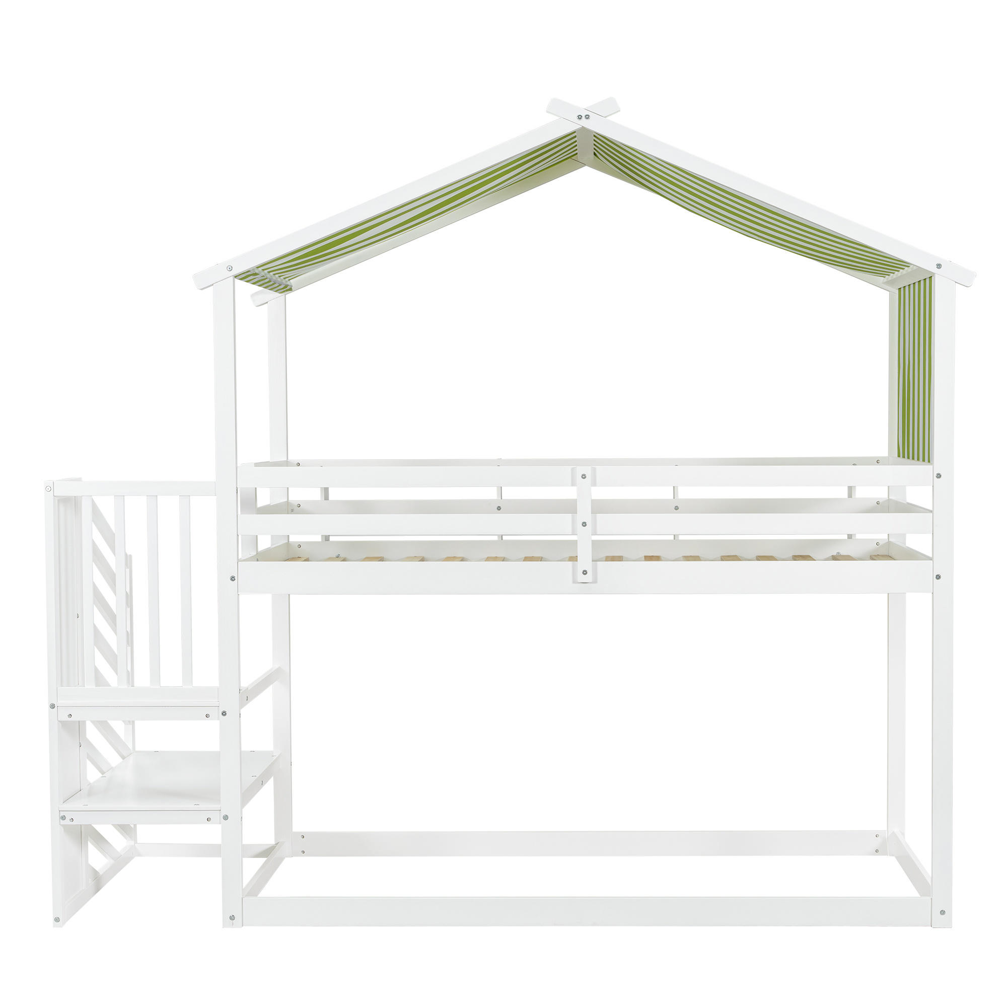 Kids & Teens Bunk Bed 3ft (90x190cm) | White & Green | Corner Stairs + Decorative Canopy + Mini Book Nook | Pine + MDF + Plywood