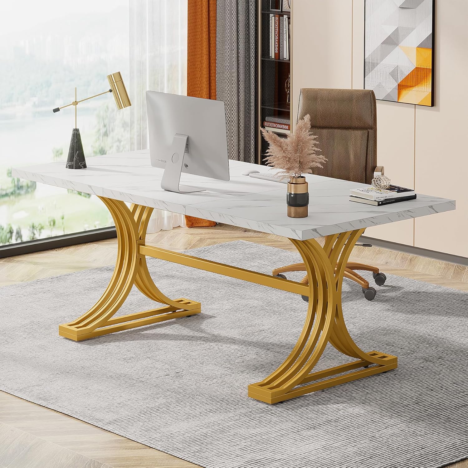 E-shop Moderne Computer-Schreibtisch, 160 x 80 x 75 cm Bürotisch, PC-Tisch, Arbeitsplatz, Esszimmer mit goldenen Beinen für Heim- und Büro,