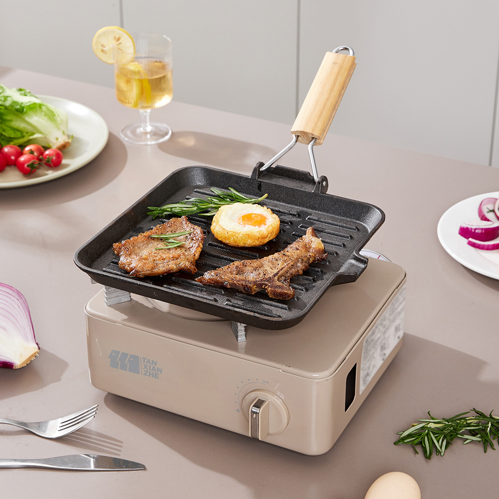 TEMU Portable Cast Iron Square Frying Pan Pan With Anti-scalding Folding Solid Wood Handle Home Streak Meat-frying Pan Egg-frying Pan Fish-frying Pan