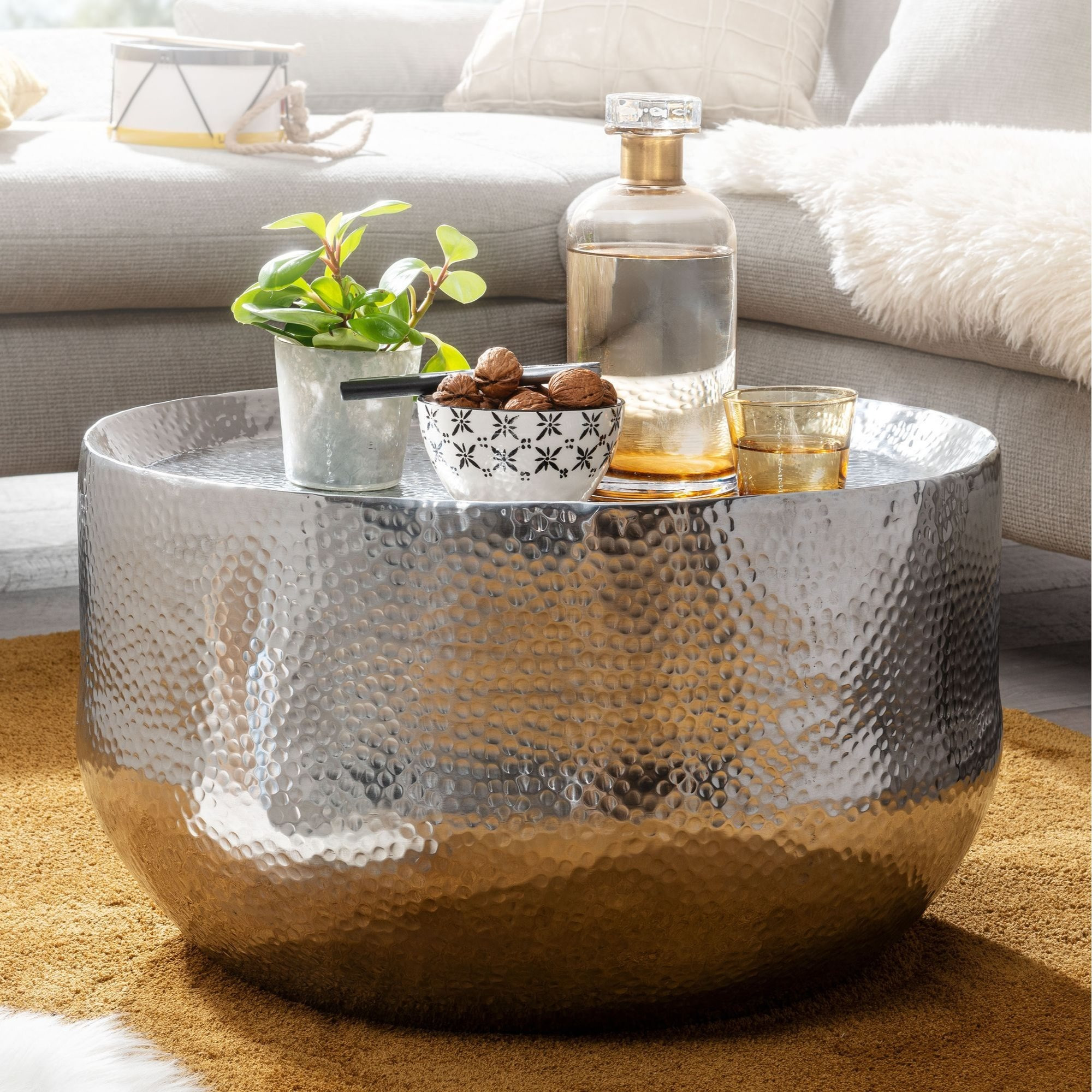 Image of Aluminum Coffee Table 60x60x35 Cm Living Room Table , Designer Sofa Table Round Alu Oriental, Small Round Metal Coffee Table
