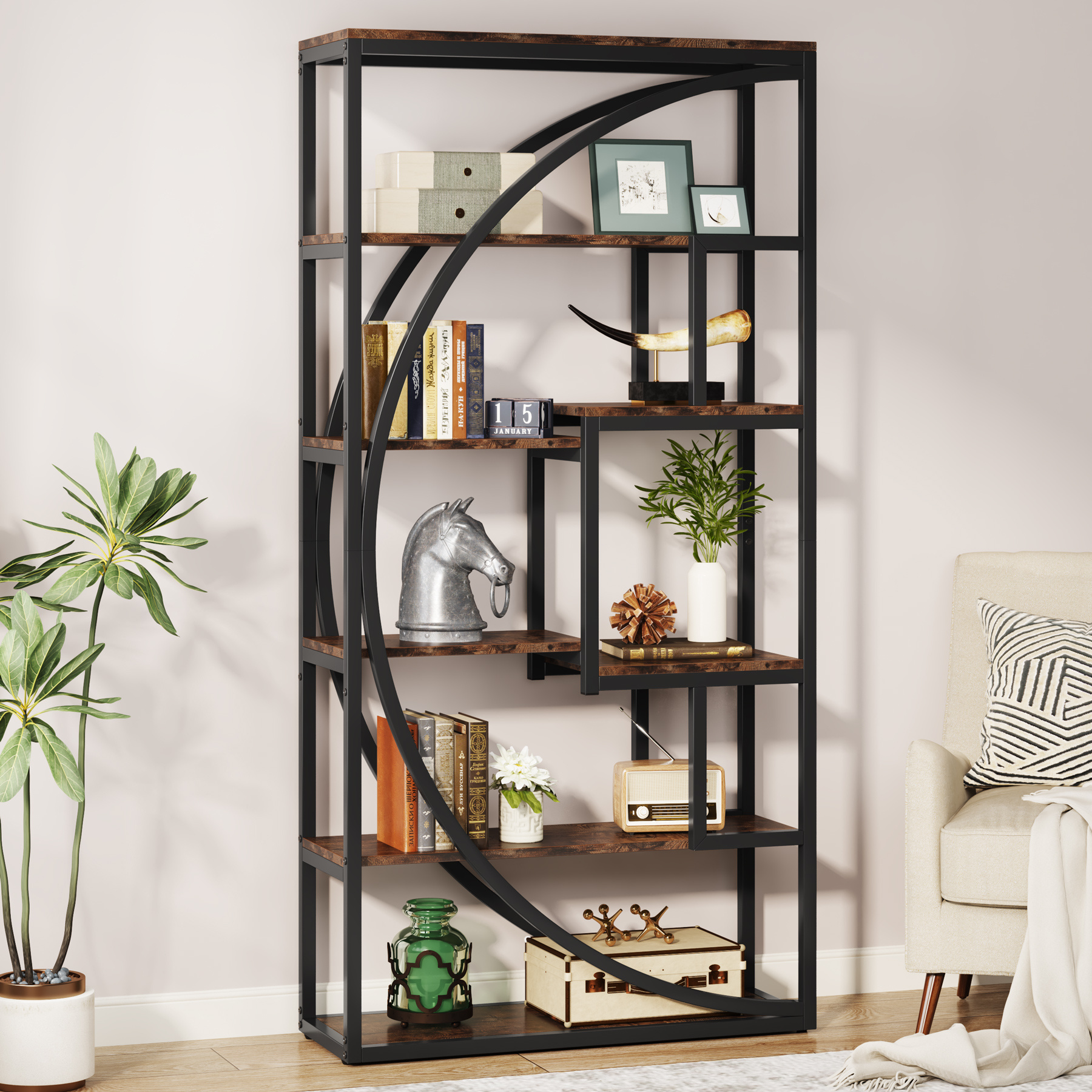 Image of Industrial Bookshelf 180cm Height - 5-tier Shelf With 8 Open Compartments, Sturdy Shelving Unit For Living Room/home Office