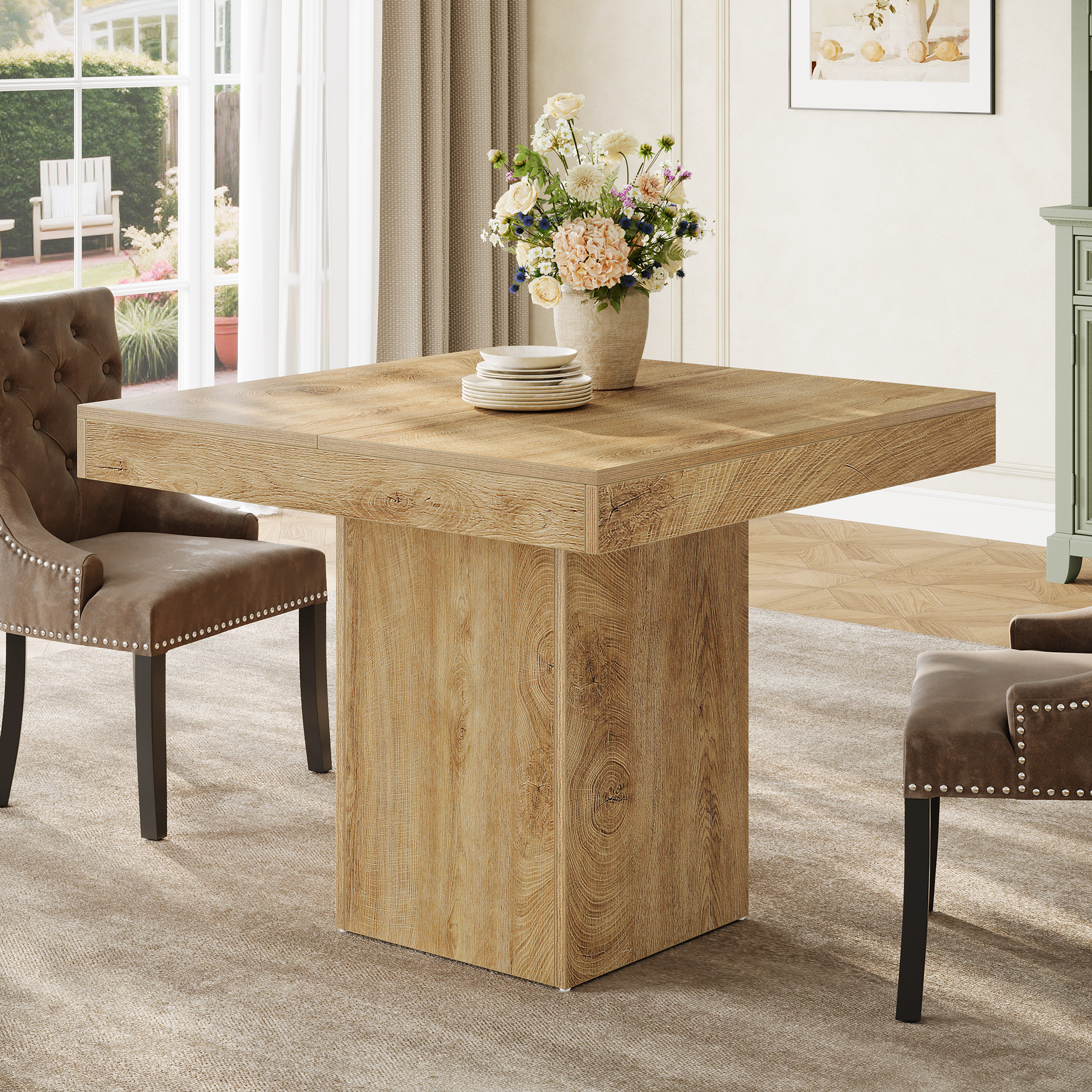 Image of 100 Cm Dining Table, Square Table For , Dining Tables For Dining Room, Kitchen, Living Room Small Spaces, With Thick Tabletop And Legs (light Brown)