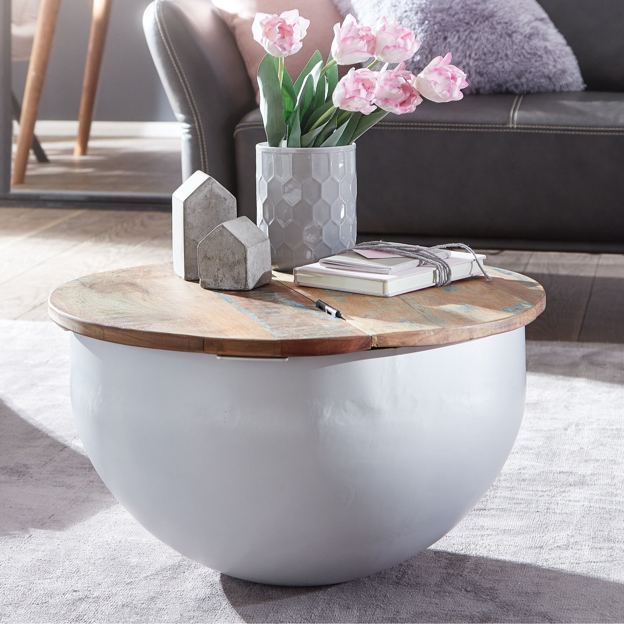 Table 60x34x60 Cm Solid Wood Metal Round Industrial Table, Design Living Room Table With Storage, Modern Lounge Table Sofa Table
