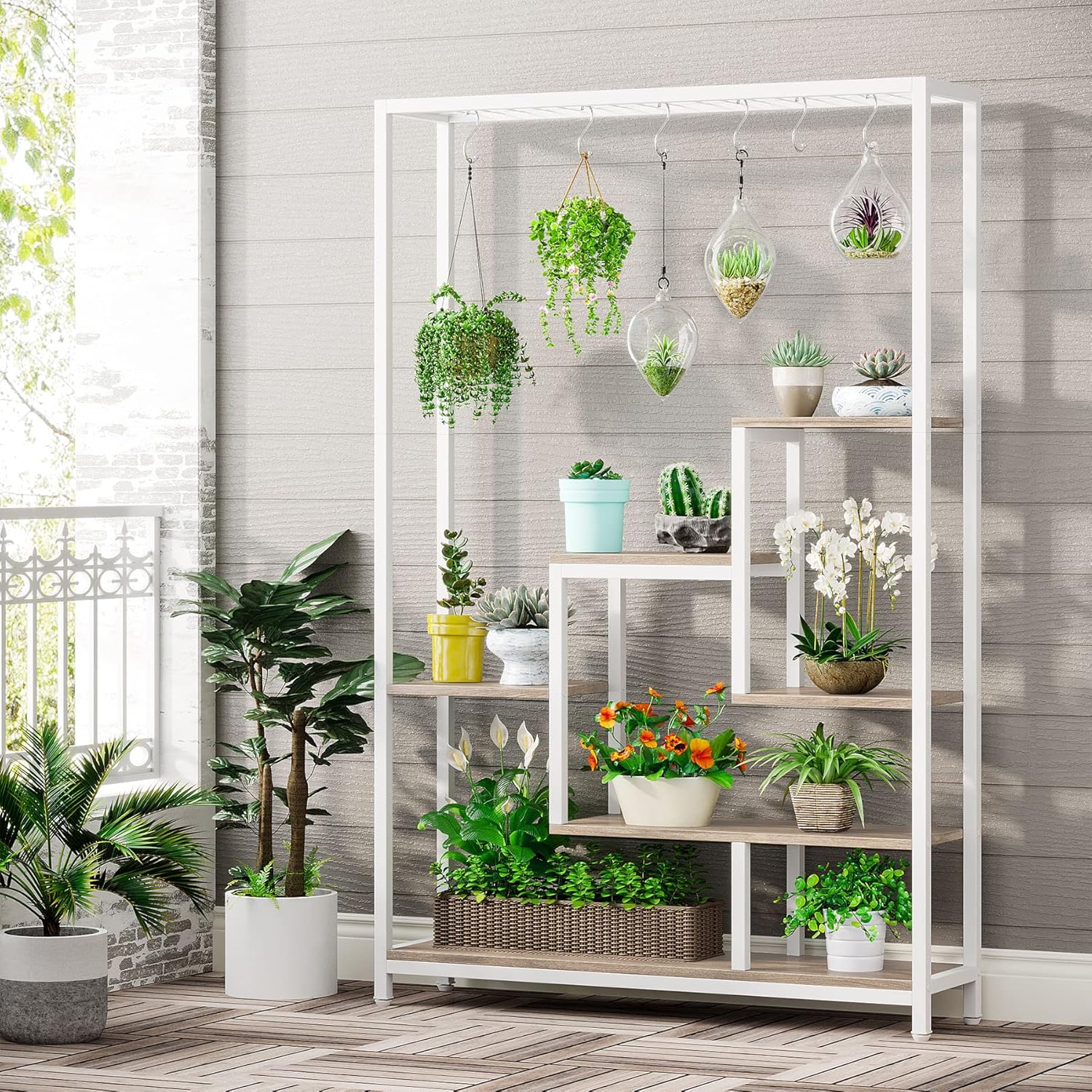 Image of Flower Stand, 5-tier Plant Stand, 180 Cm Tall Metal Plant Shelf With 10 S Hooks, Flower Shelf For Indoor Balcony Floor Flower Staircase Living Room, White And Beige