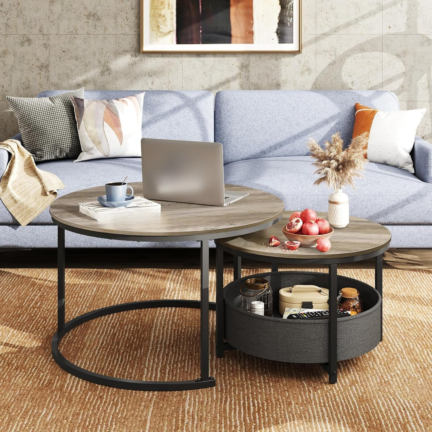 Round Coffee Table, Set Of 2, 80cm Diameter Modern Living Room Table, Round, Side Table With Fabric Basket, Couch Table For Bedroom, Home Office