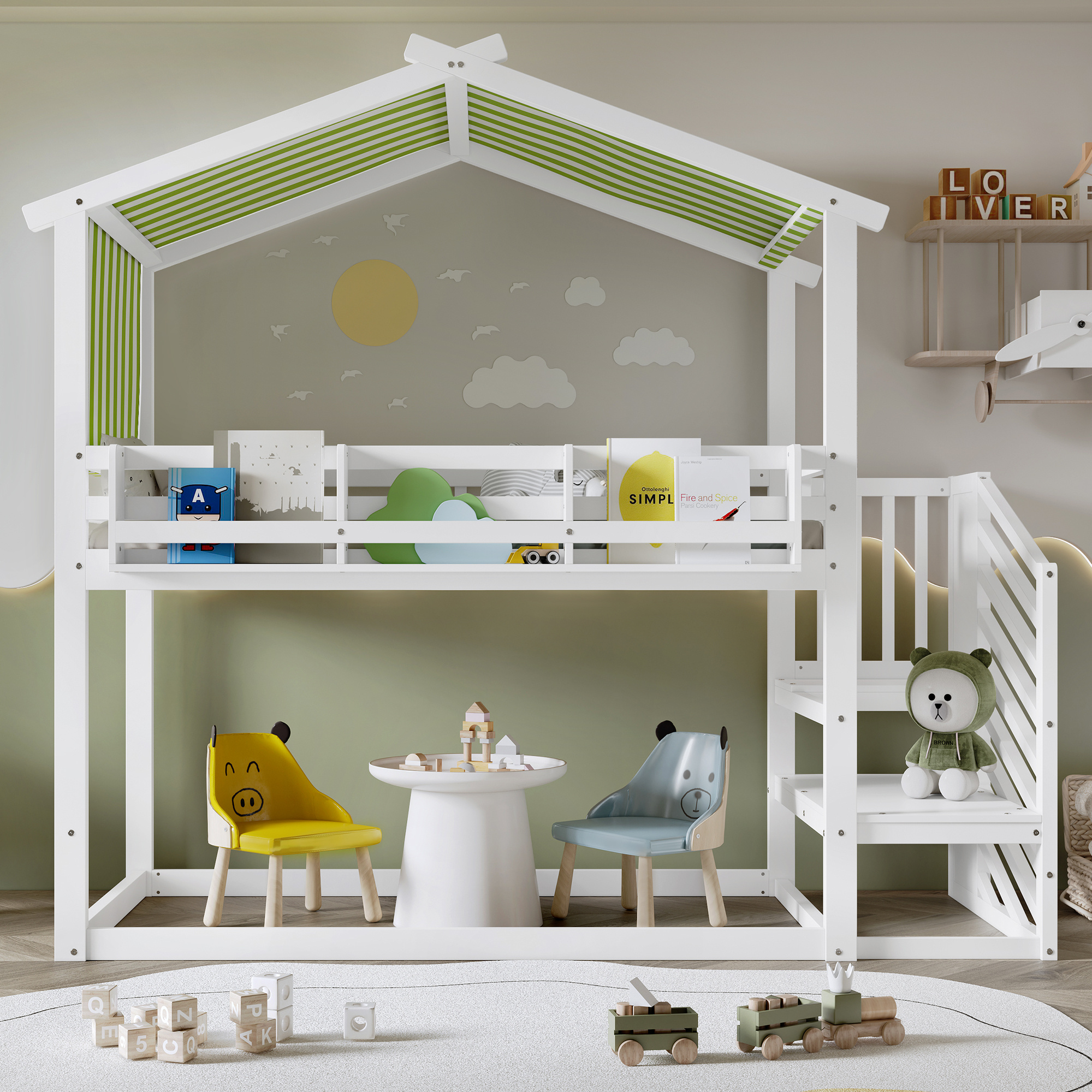 Kids & Teens Bunk Bed 3ft (90x190cm) | White & Green | Corner Stairs + Decorative Canopy + Mini Book Nook | Pine + MDF + Plywood