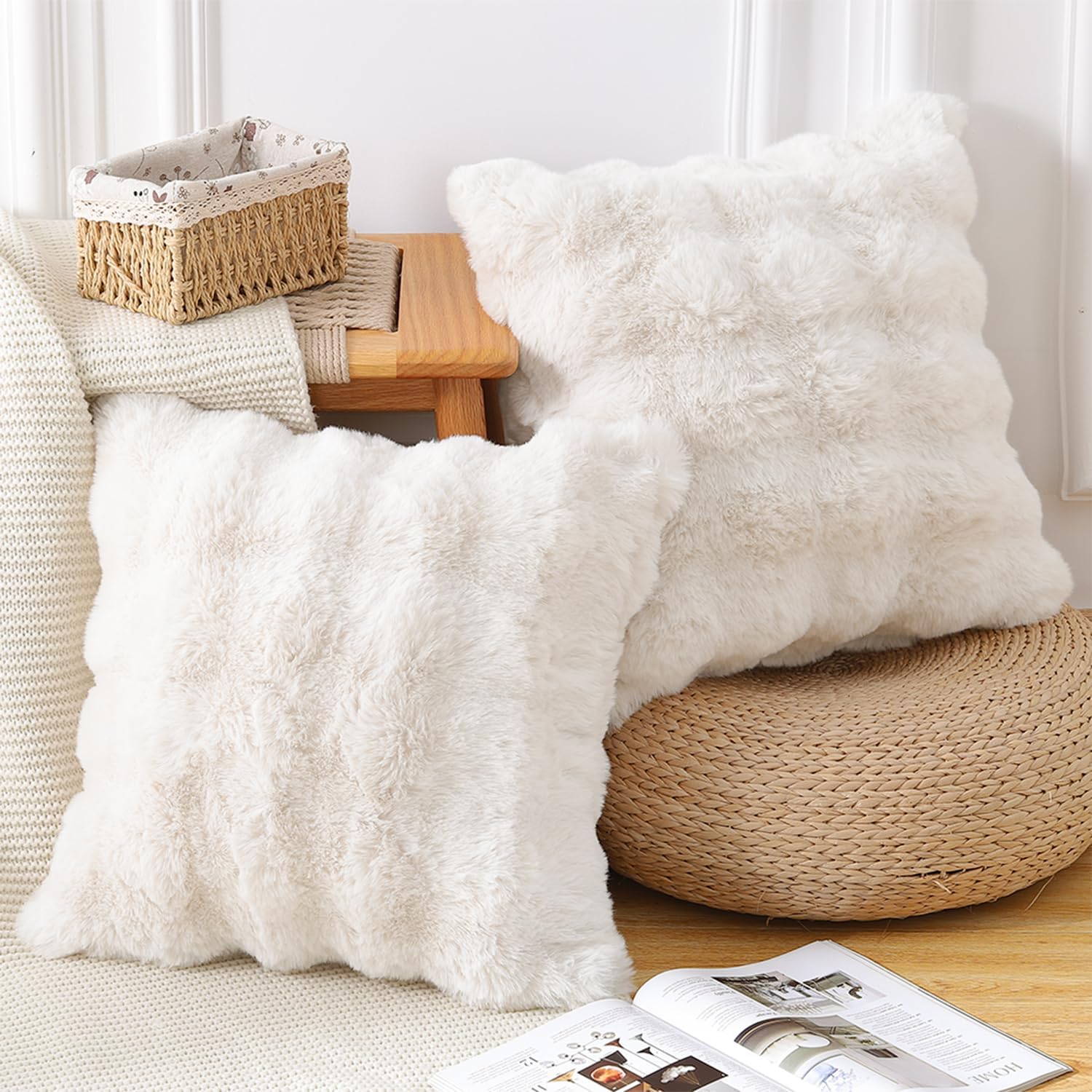 TEMU Pack Of 2 Single-sided Rabbit Fur White Pillow Cover 43x43cm, Lightweight Luxury Stylish Soft Decorative Pillow Cover, Decorative Pillow Cover