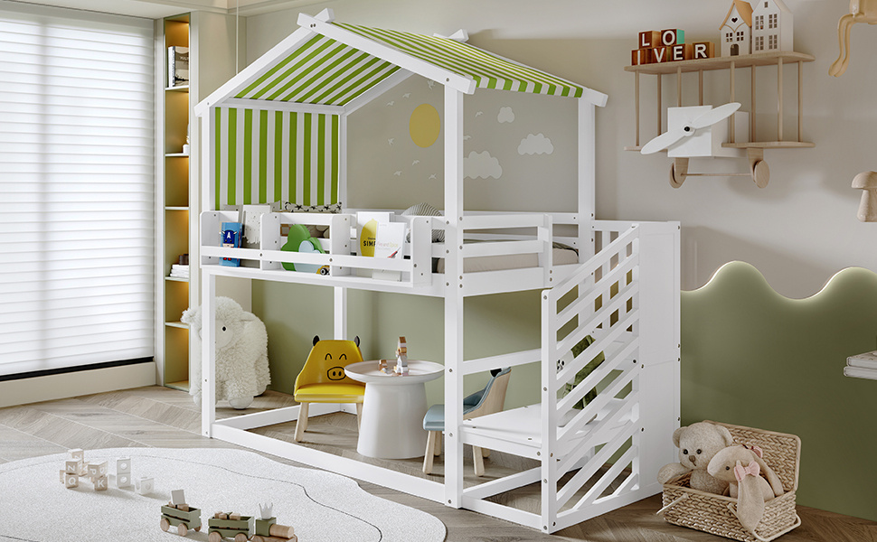 Kids & Teens Bunk Bed 3ft (90x190cm) | White & Green | Corner Stairs + Decorative Canopy + Mini Book Nook | Pine + MDF + Plywood