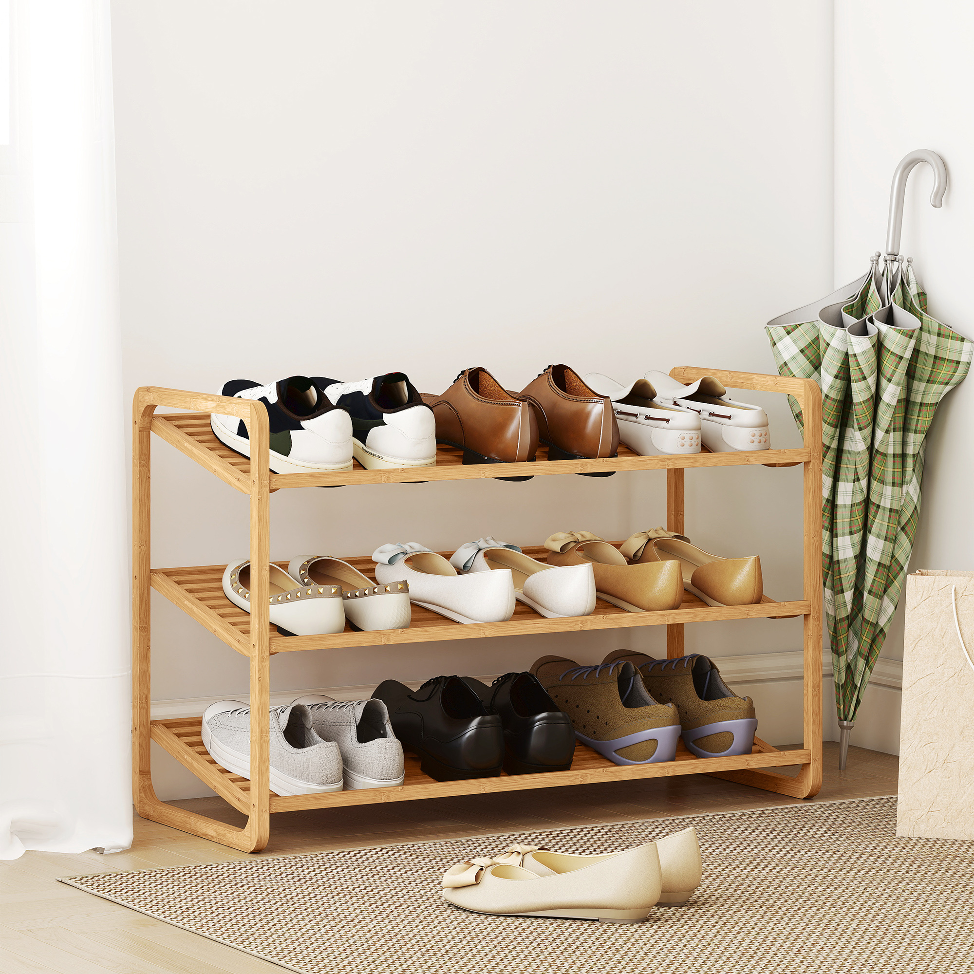 Image of Shoe Rack With 3 Levels Of Shoe Storage Made Of Bamboo Shoe Organizer For 9-12 Pairs Of Shoes Standing Rack With Handle Shoe Storage For Entrance, Living Room, Bedroom, Natural