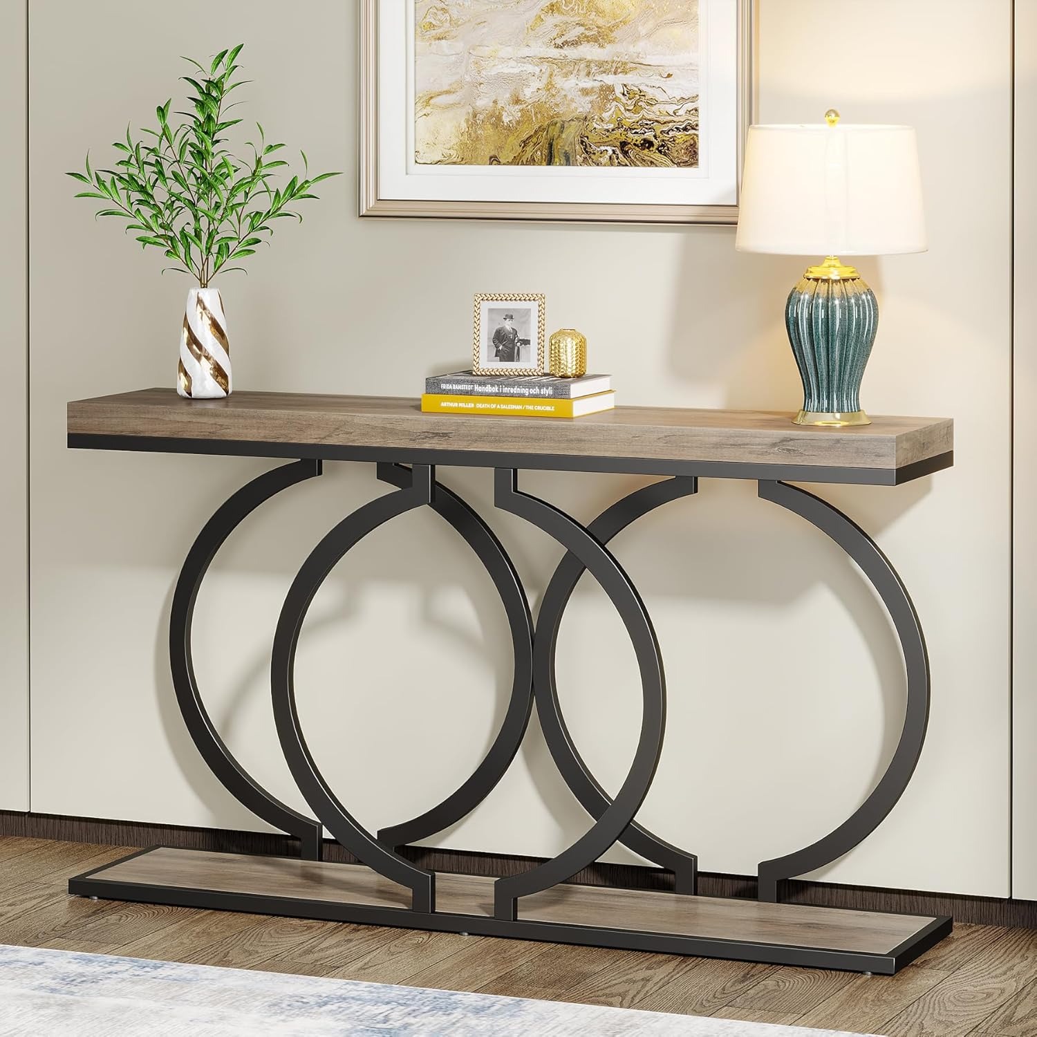 Image of Gray Console Table Of 140 Cm, Contemporary Entrance Area, Hallway Table With O-shaped Black Metal Legs, Wooden Coffee Table Foyer Table For Living Room, Gray And Black