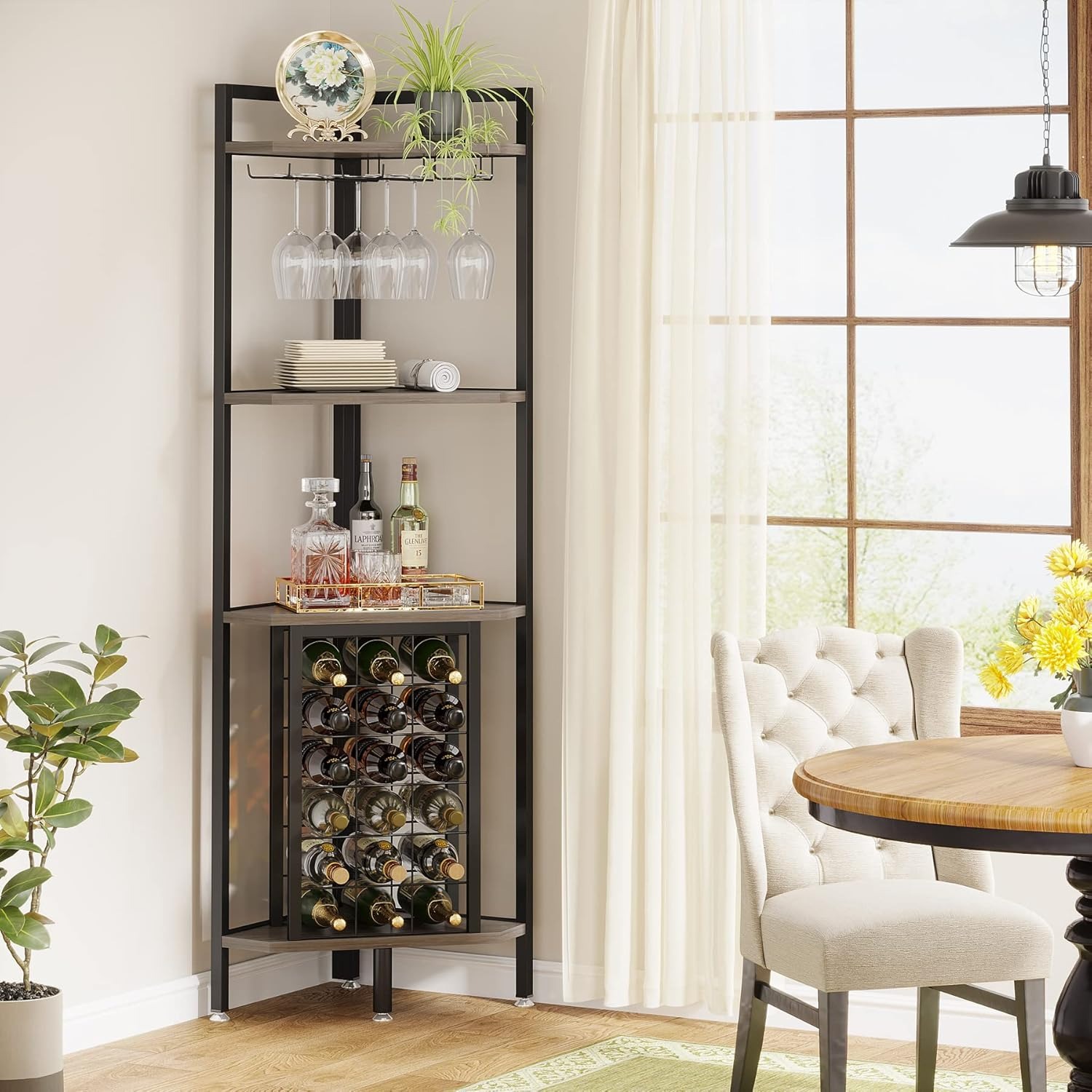 Image of Freestanding Floor Wine Rack, 4-tiered Corner Wine Rack With Glass Holder & Wine Storage, Industrial Wine Rack Wine Bar Cabinet For Bar, Kitchen, Dining Room, Gray