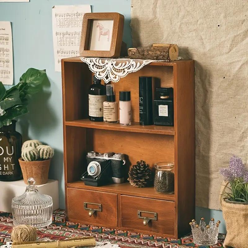 TEMU 1pc Wall Mounted Makeup Box With 2 Drawers - Vintage Wooden Floating Shelf, Cosmetic & Jewelry Storage Display Rack, Space-saving Bathroom Shelf