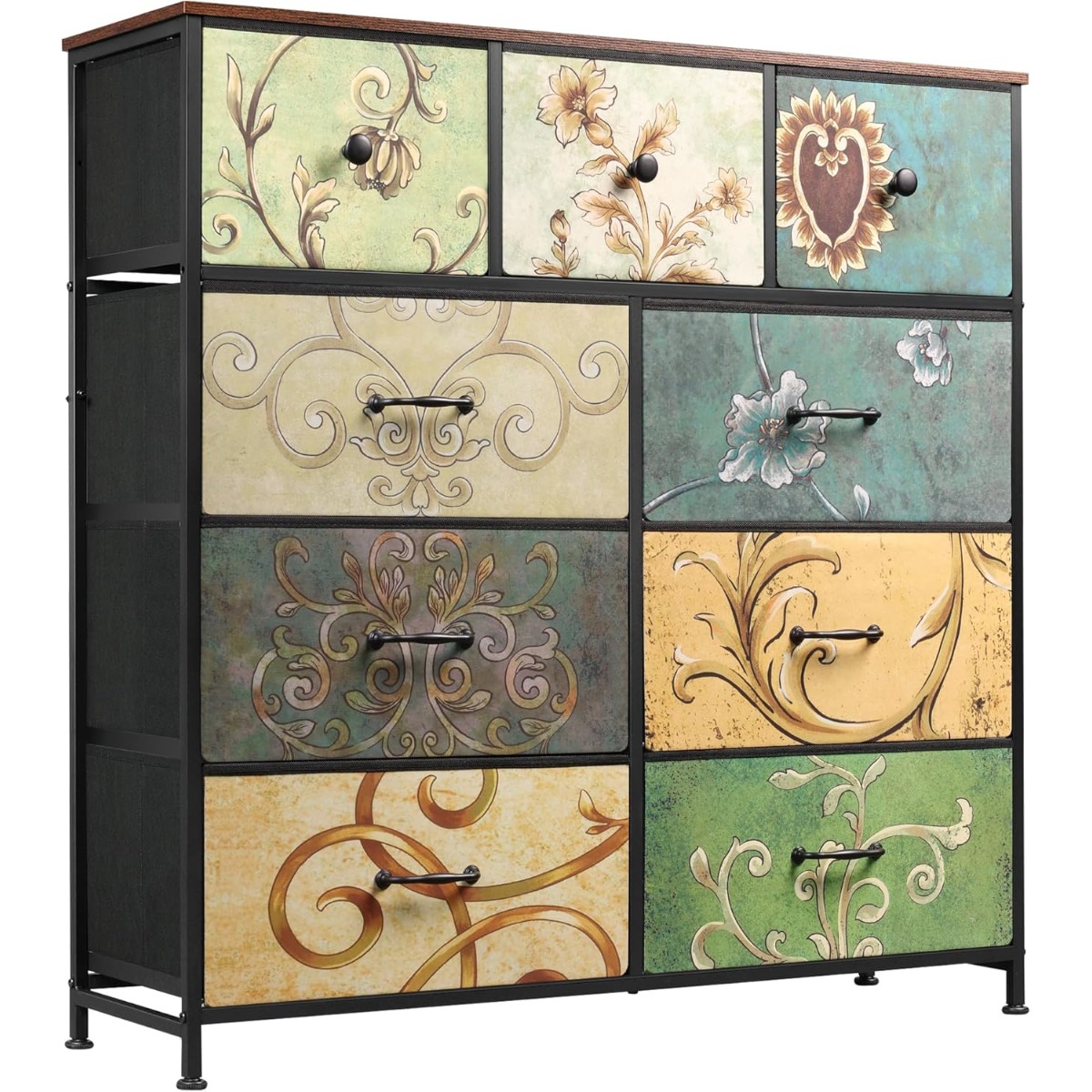 TEMU Table d'appoint d' bois vintage avec 9 tiroirs en tissu - Coffre de rangement pour salon, chambre et couloir