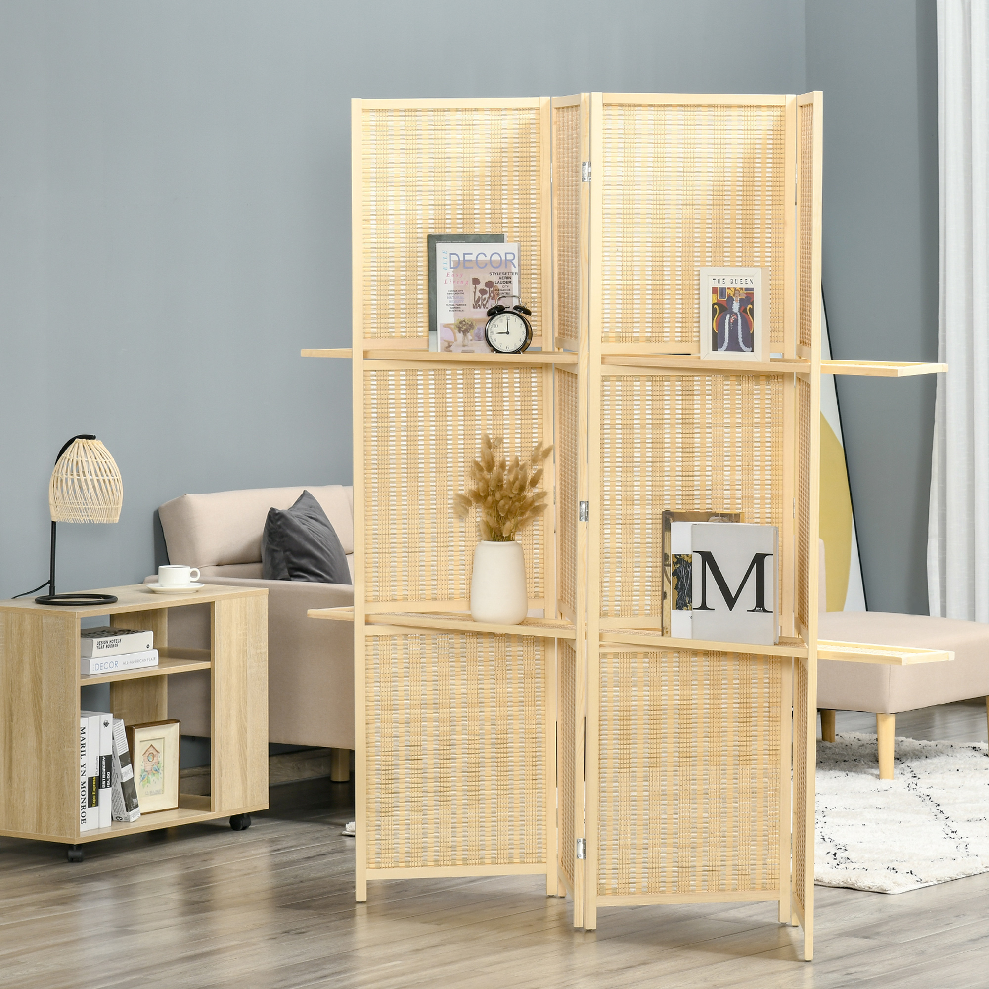 Image of 4-panel Folding Room Divider Screen, 180 X 180 Cm, With Shelf, Wood And Bamboo Privacy Partition, Space Divider For Living Room, Natural