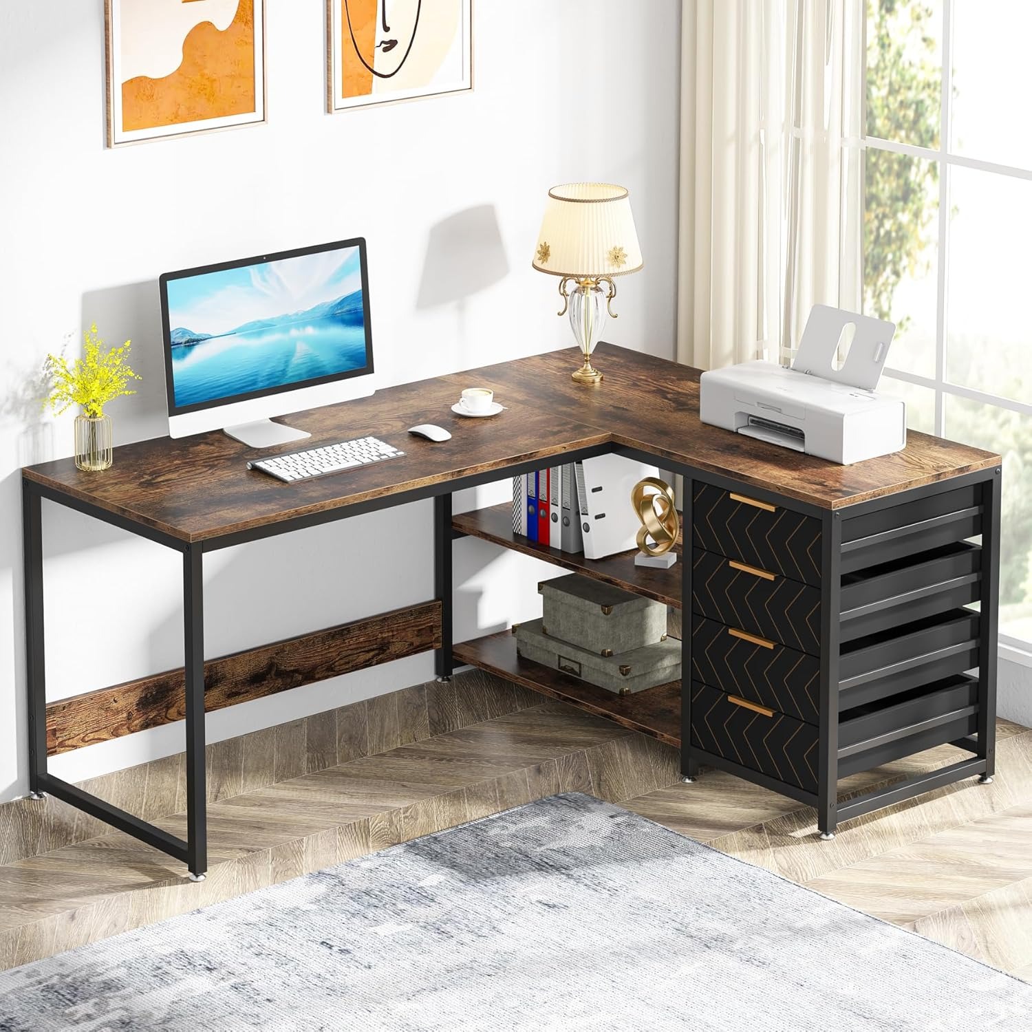 Desk With 4 Drawers, L-shaped Computer Desk With 2 Shelves, Reversible For Office, Study, Living Room, 150×110×75cm (brown)